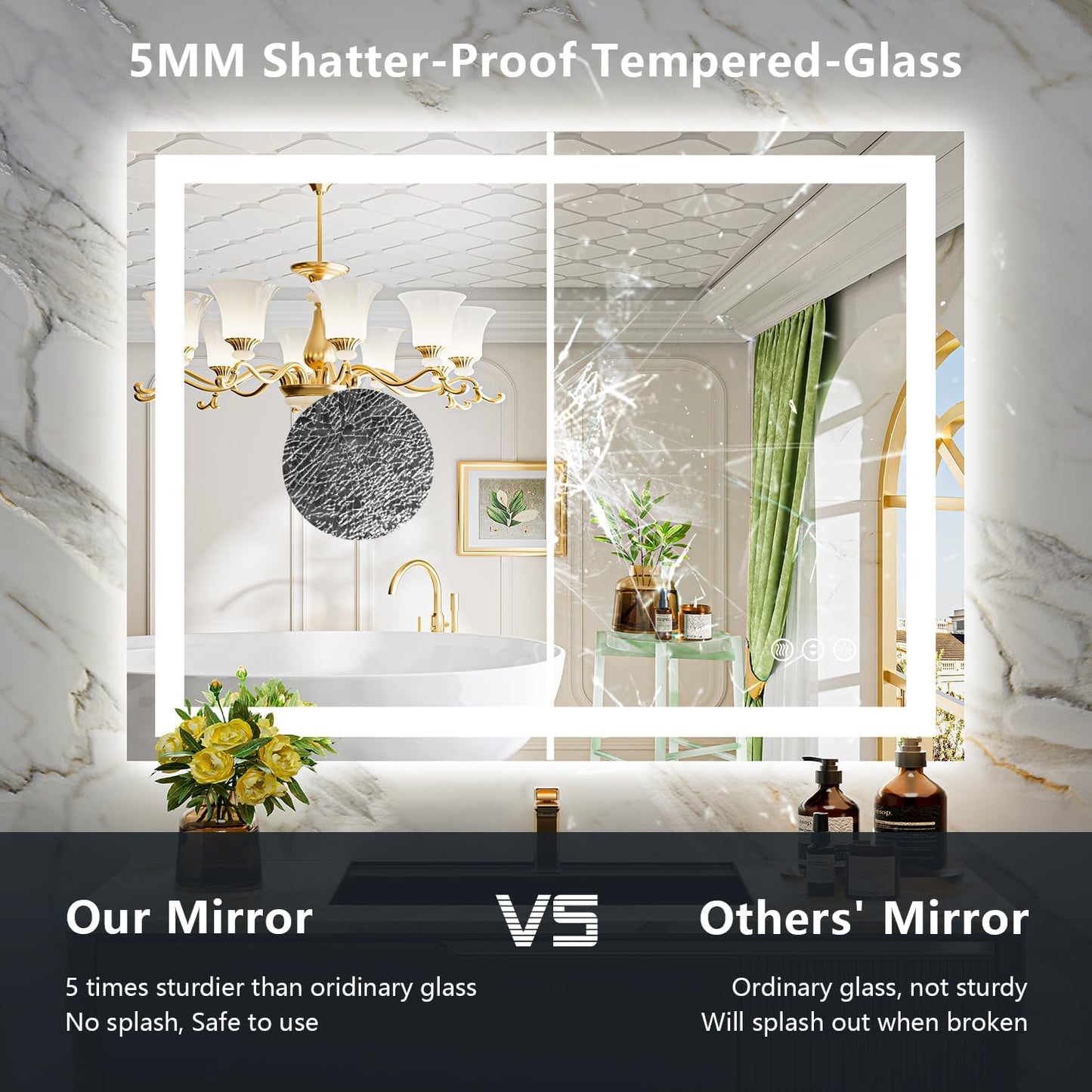 50x32 Inch LED Bathroom Mirror with Lights Front and Backlit Lighted Vanity Mirror for Bathroom Wall with 3 Colors Dimmable Anti-Fog Memory Shatter-Proof IP54 Waterproof Horizontal/Vertical