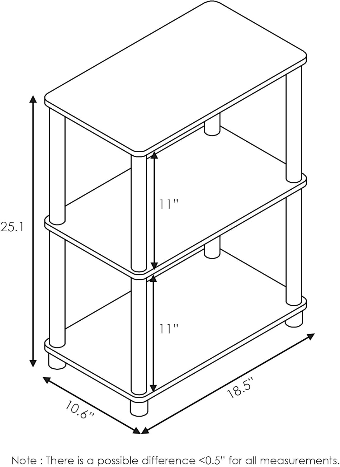 Furinno Turn-N-Tube No Tool 3-Tier Storage Shelf, Narrow, French Oak Grey/Black