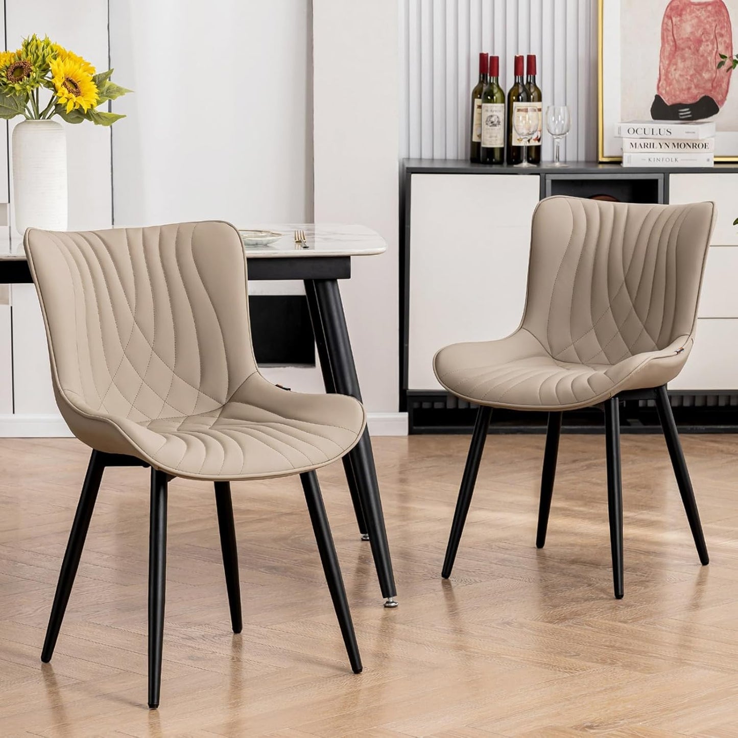 Kidol & Shellder Khaki Dining Chairs Set of 2,Faux Leather Upholstered Mid Century Modern Kitchen&Dining Room Chair with Back,Ergonomic Armless Vanity&Living Room Chair with Metal Legs