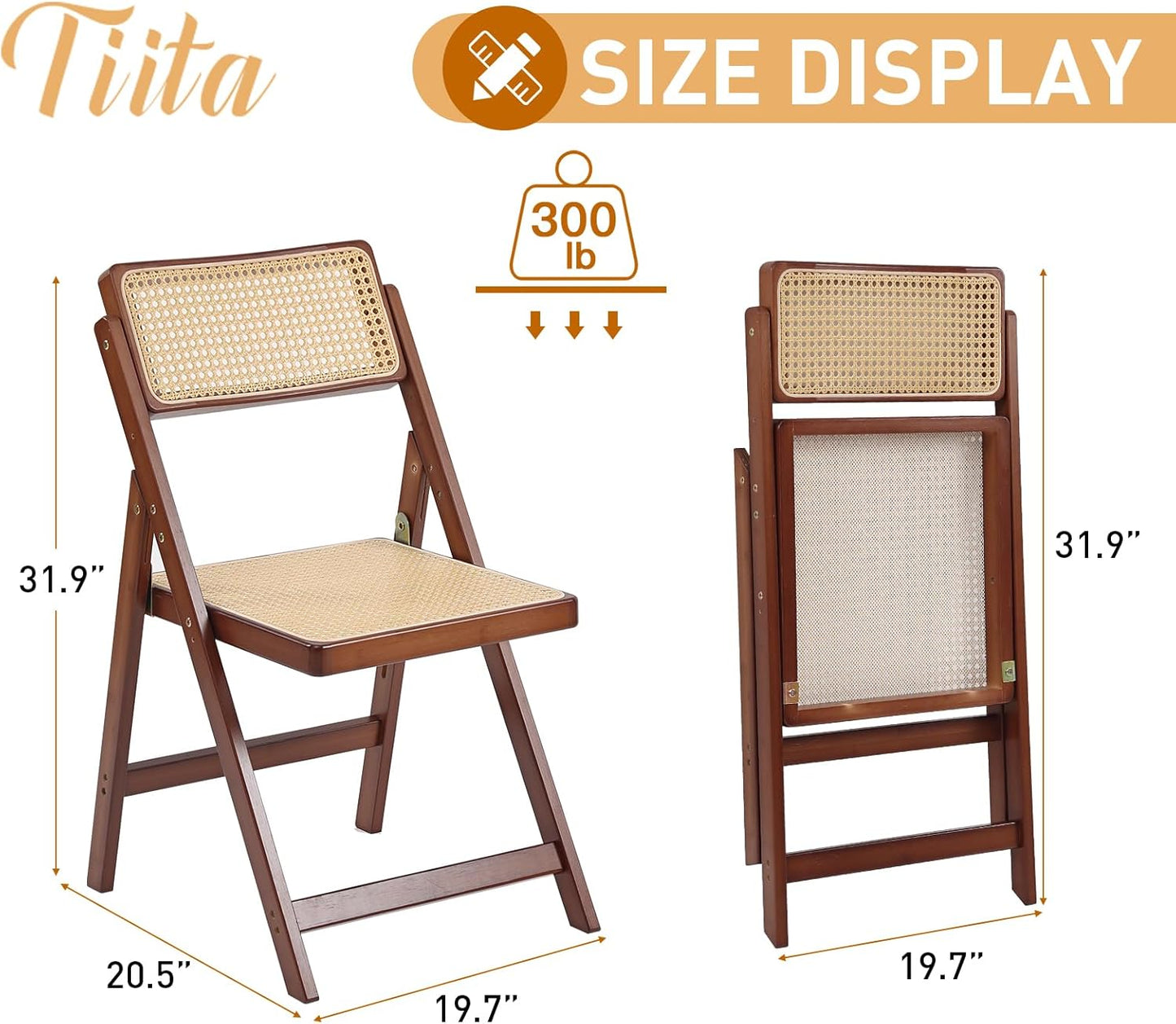 Tiita Rattan Dining Chairs Set of 2, Mid Century Modern Folding Chair, Bamboo Folding Dining Chairs for Small Space, Dining Room, Living Room, Bedroom, Walnut