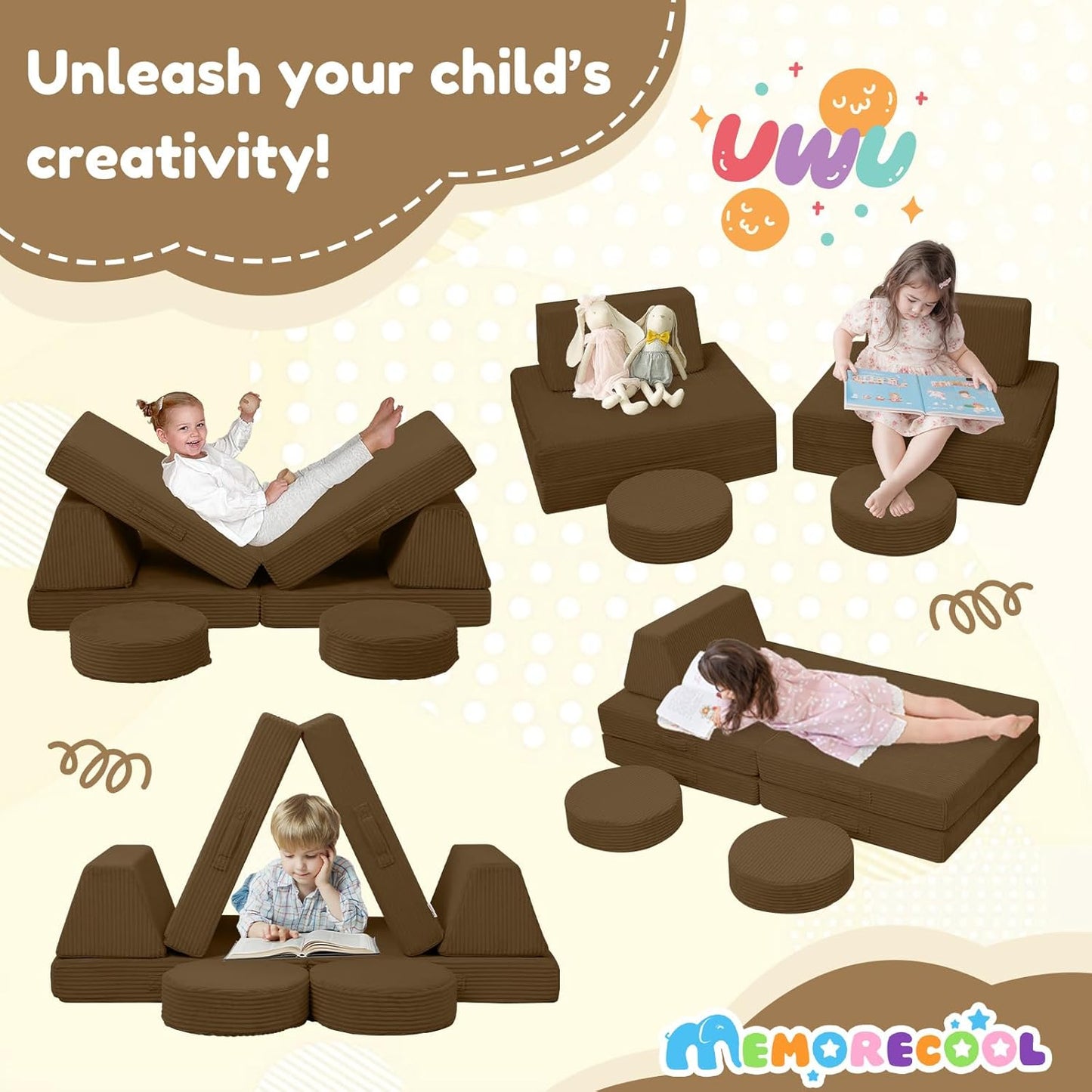 MeMoreCool Kids Couch for Playroom, Corduroy Convertible Toddler Couch, 8 Piece Modular Play Sofa, Foam Fort Building Set for Child Room Furniture, Brown