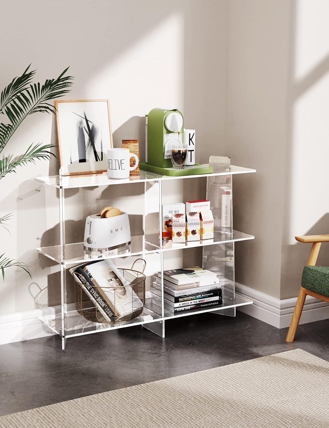 Acrylic Bookshelf, Small 3 Tier Open Bookcase for Small Spaces,Sofa Table, Hallway Entry Table for Home Living Room (Clear, 39.4'' x 11.8'' x 31.5'')