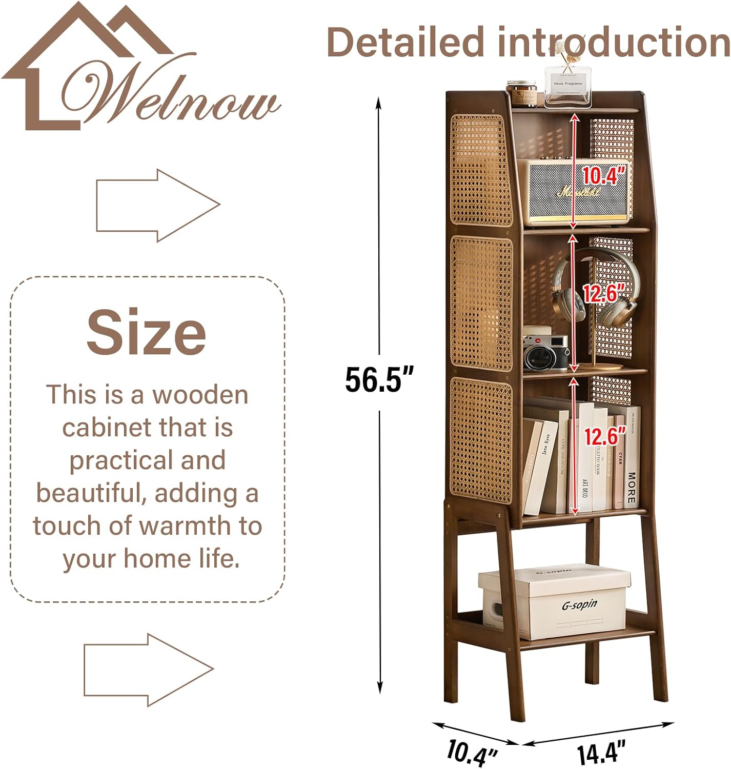 Welnow Bamboo Rattan Bookcase with Cabinet, 3-Tier Storage Shelf with Side Table & End Table Function, Large Modern Wood Organizer for Living Room or Bedroom, Walnut Bookshelf