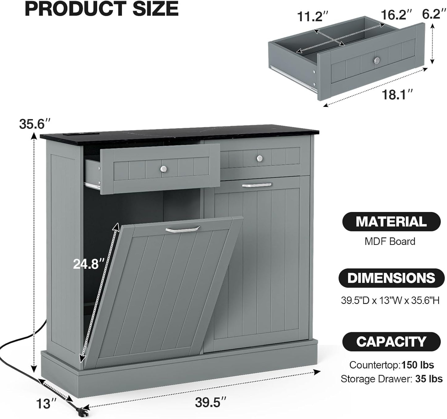 GAZHOME 20 Gallon Double Tilt Out Wooden Trash Cabinet with Charging Station, Upgrade Free Standing Recycling Cabinet with Outlet,Gray