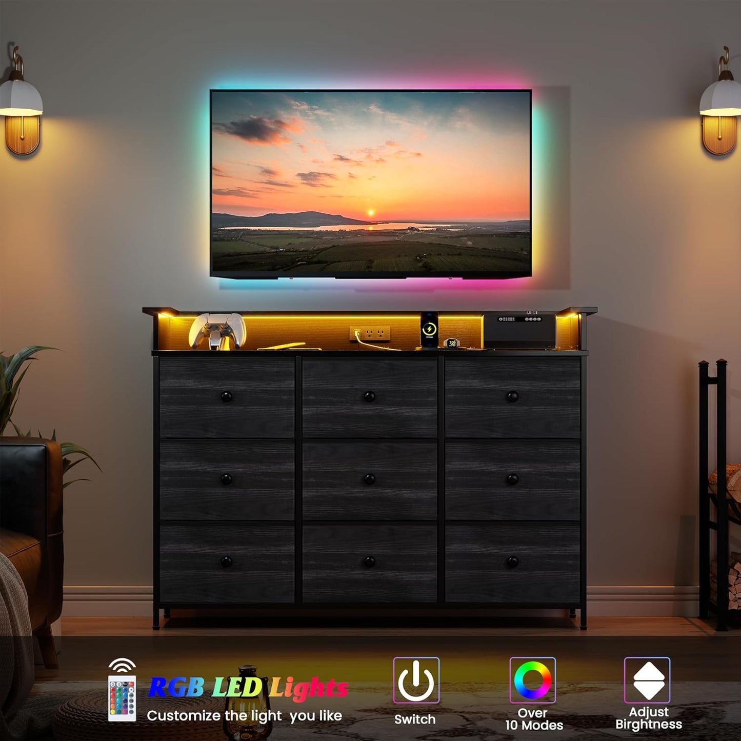 Nicehill 9 Drawer Dresser for Bedroom, TV Stand for Bedroom, Black Dresser with LED Light, Fabric Chests of Drawers for Hallway Entryway (Black Wood Grian)