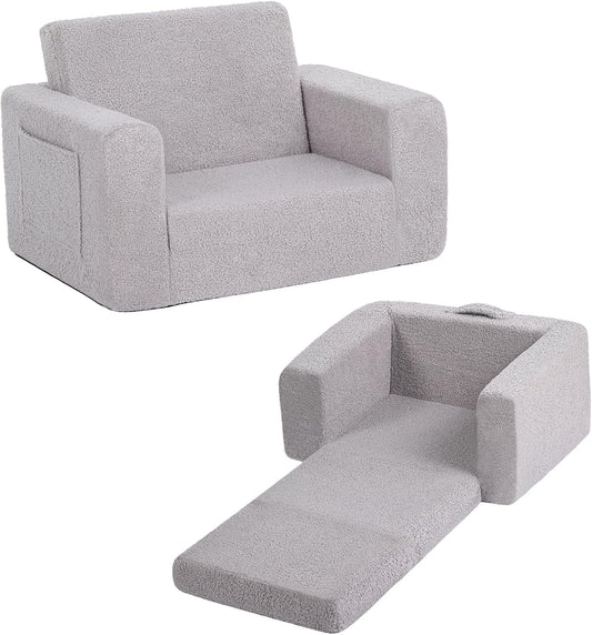 Welnow Toddler Chair, 2-in-1 Soft Sherpa Kids Sofa, Convertible Toddler Couch Lounger, Flip Out Kids Couch Chair with Side Pockets & Removable Cover for Girls and Boys, Grey