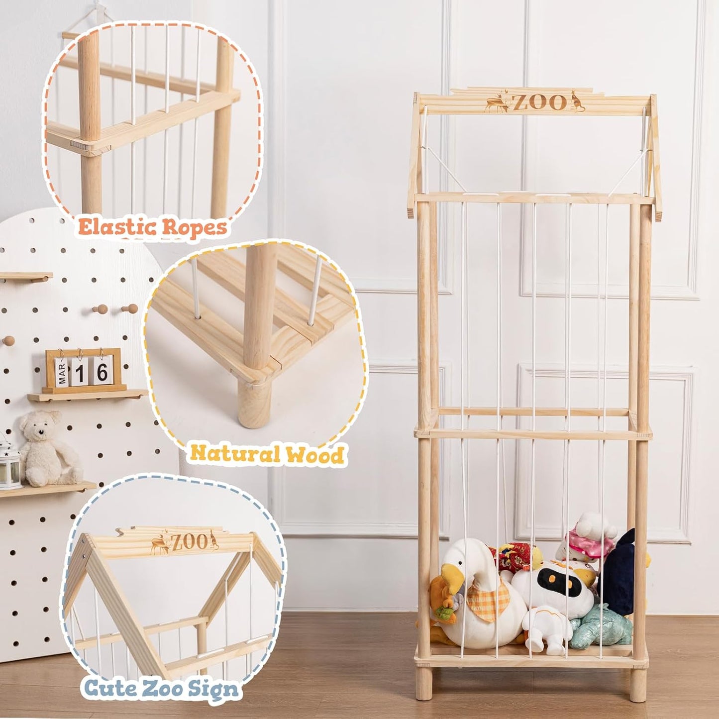 Stuffed Animal Storage, Wooden Stuffed Animal Holder Stuffed Animal Zoo Organizer Cage with Large Capacity, Using for Storing Plushies on Nursery Playroom Bedroom Decor Corner
