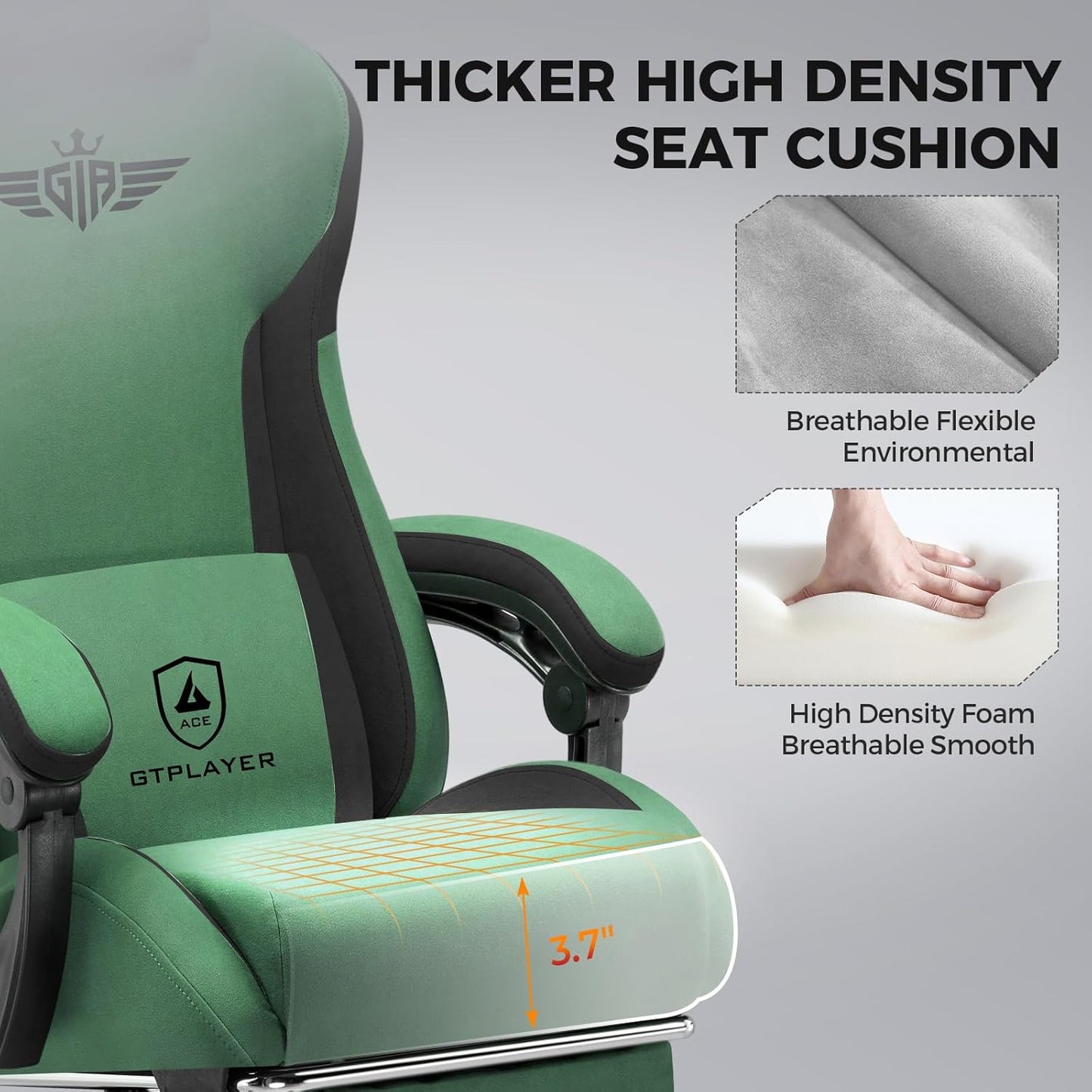 GTPLAYER Gaming Chair Fabric with Footrest, Big and Tall Game Chair High Back Computer Office Chair with Lumbar Support for Adults, Ergonomic Swivel Games Chair with Cushion Gaming Green