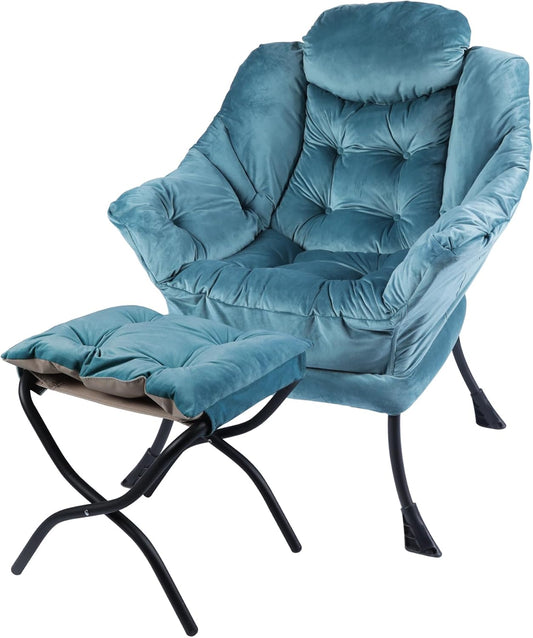 Lazy Chair with Folding Ottoman,Living Room Chairs, Accent Contemporary Lounge Chair, Single Steel Frame Leisure Sofa Chair with Armrests and A Side Pocket (DL60GREEN)