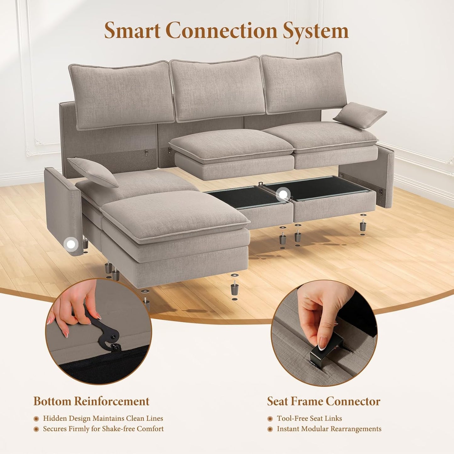 Vesgantti Large Modular Sectional Sofa, Big Comfy Cloud Couch with Ottoman Deep Seat Chenille Cloud Sofa, 8 Seater Large Sectional Couches for Living Room, Bedroom and Apartment, Light Brown