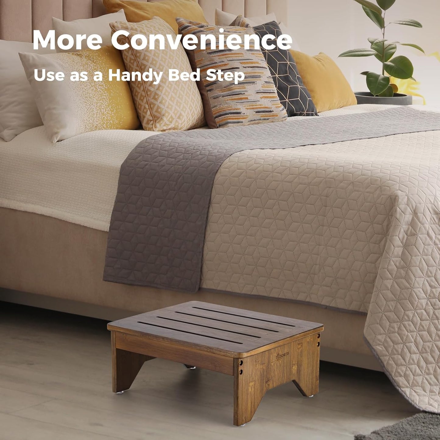 StrongTek Bamboo Bed Step Stool for Adults & Kids – Wide 16" Platform, 300 lbs Capacity, Non-Slip Drainage Surface, 6.5" Height Safe Bedside Stool, Bathroom Shower Step & Office Foot Rest (Brown)