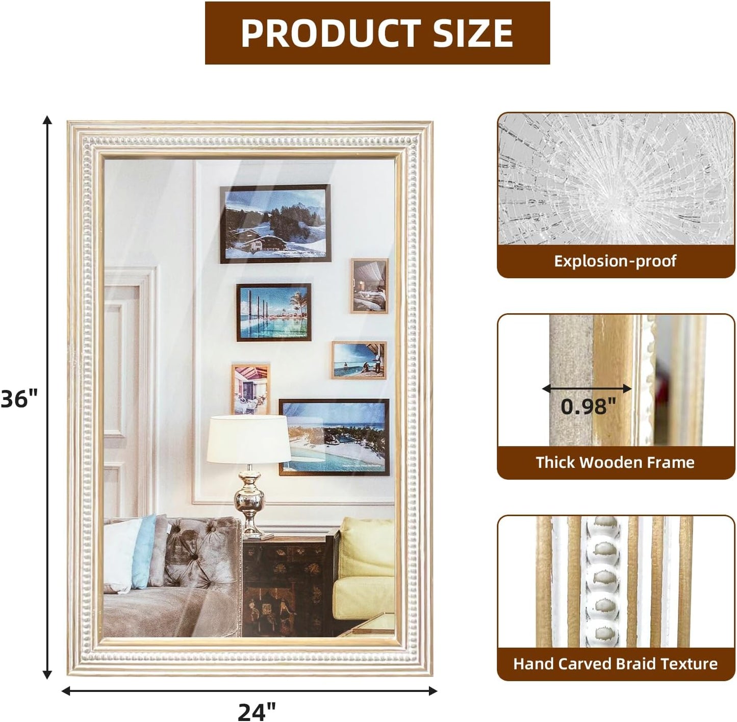 36x24 Inch Farmhouse Wooden Rectangle Mirrors for Wall with Beaded, Boho Decorative Rectangular Mirror for Bathroom, Living Room, Entryway, Foyer (Horizontal/Vertical Mount)