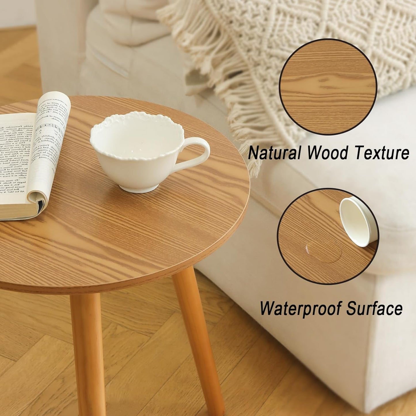 AWASEN Round Side Table, Small End Table for Living Room, Modern Accent Coffee Side Table with Solid Wood Legs for Small Space, Easy Assembly, Brown