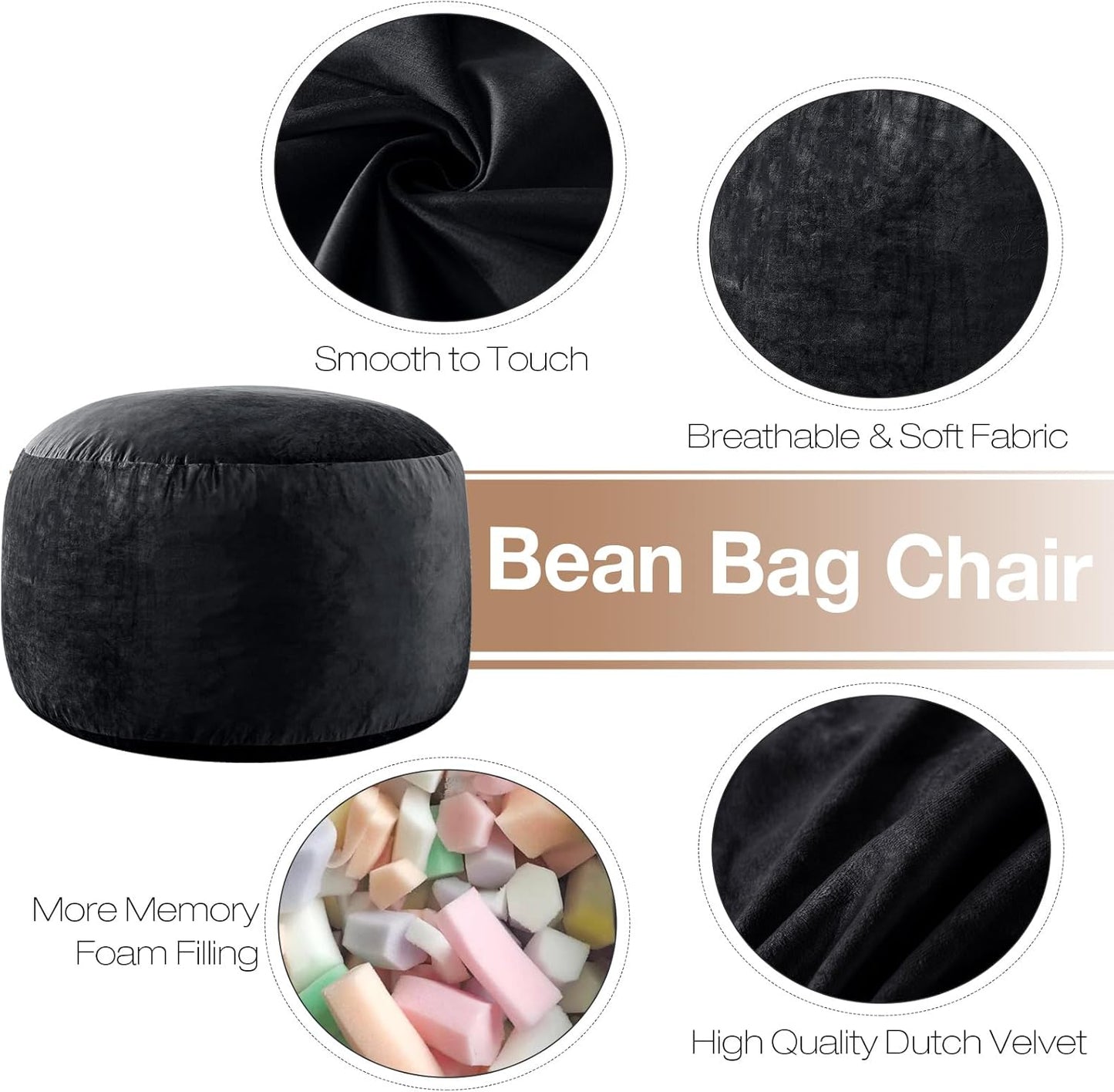 4 Ft Bean Bag Chairs for Adults/Teens with Memory Foam Filling, Comfy Bean Bag Sofa with Filler Included, Soft Dutch Velvet Fabric Beanbags,4 Foot, Black