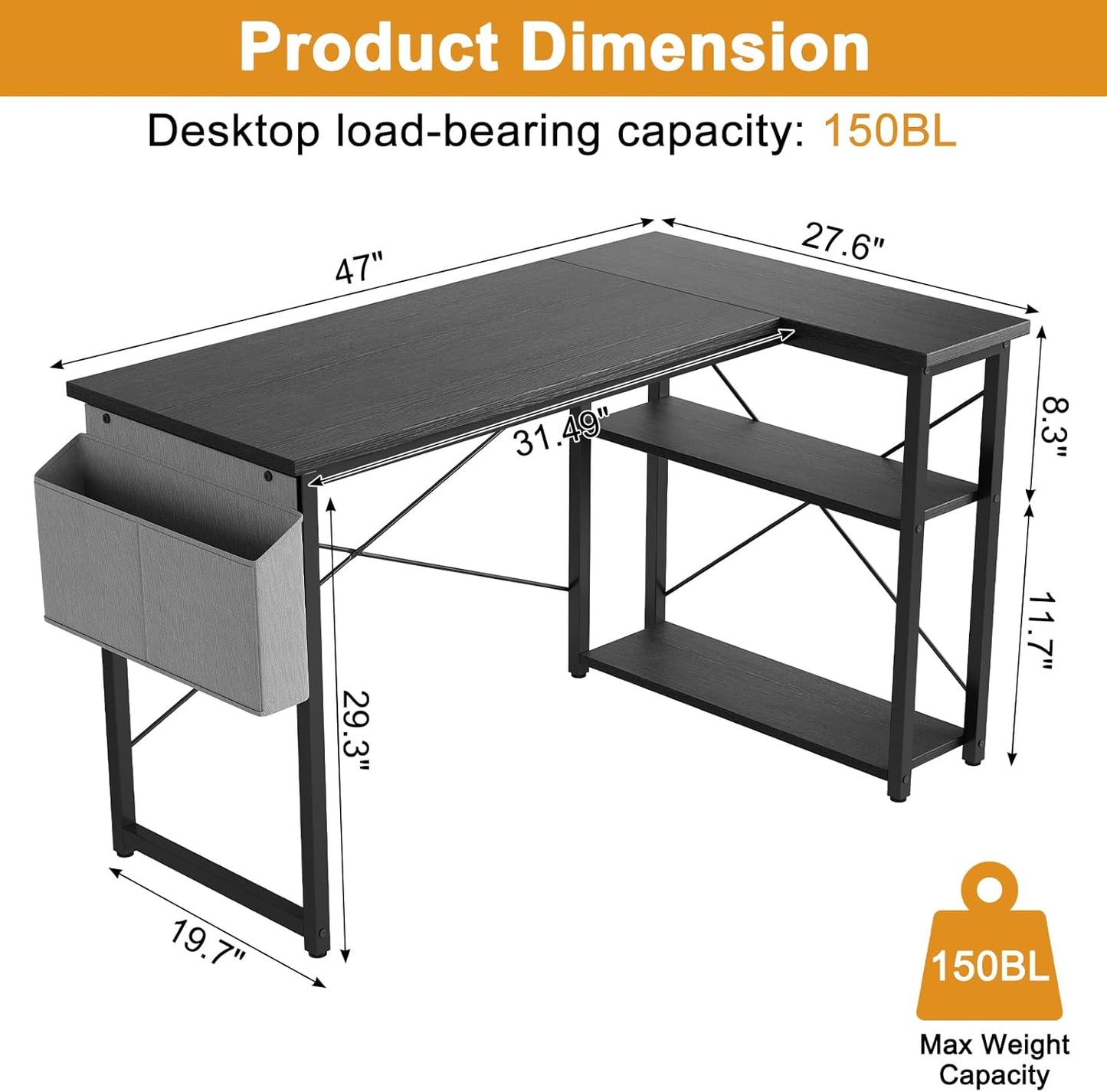 L Shaped Computer Desk with Reversible Shelves, 47 Inch Small Corner Desk with Storage Bag, Gaming Desk Computer Table Study Writing Table for Home Office Bedroom Small Space, Black