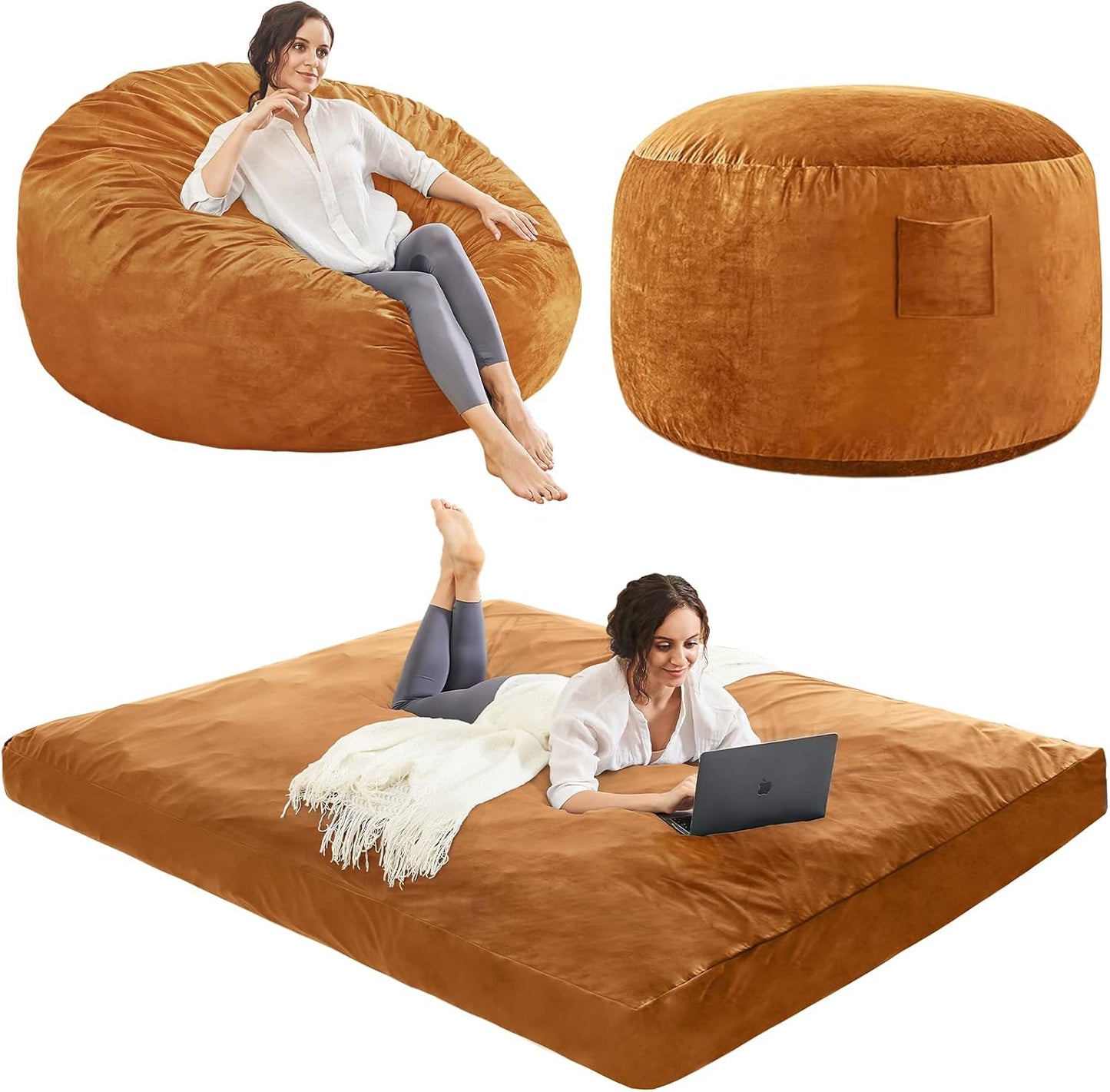 Bean Bag Chairs for Adults - Giant Bean Bag Chair Convertible Bean Bag Bed - Beanbag Chair with Micro Fiber Cover/Furniture Foam Filler - Floor Couch Sofa in Bedroom Dorm Room - Queen Golden Brown