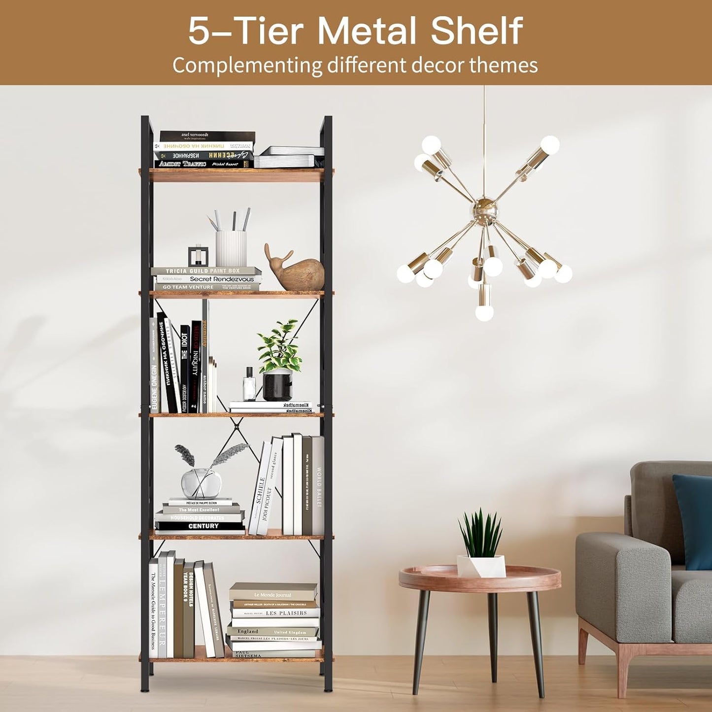 72"H 5-Tier Bookshelf: MDF Wood & Steel Shelves with 500lbs,Tall Narrow Adjustable-Shelf Bookcase.Bookshelves Storage Organizer, Industrial Display Standing Shelf Unit for Living Room/bedroom/Office