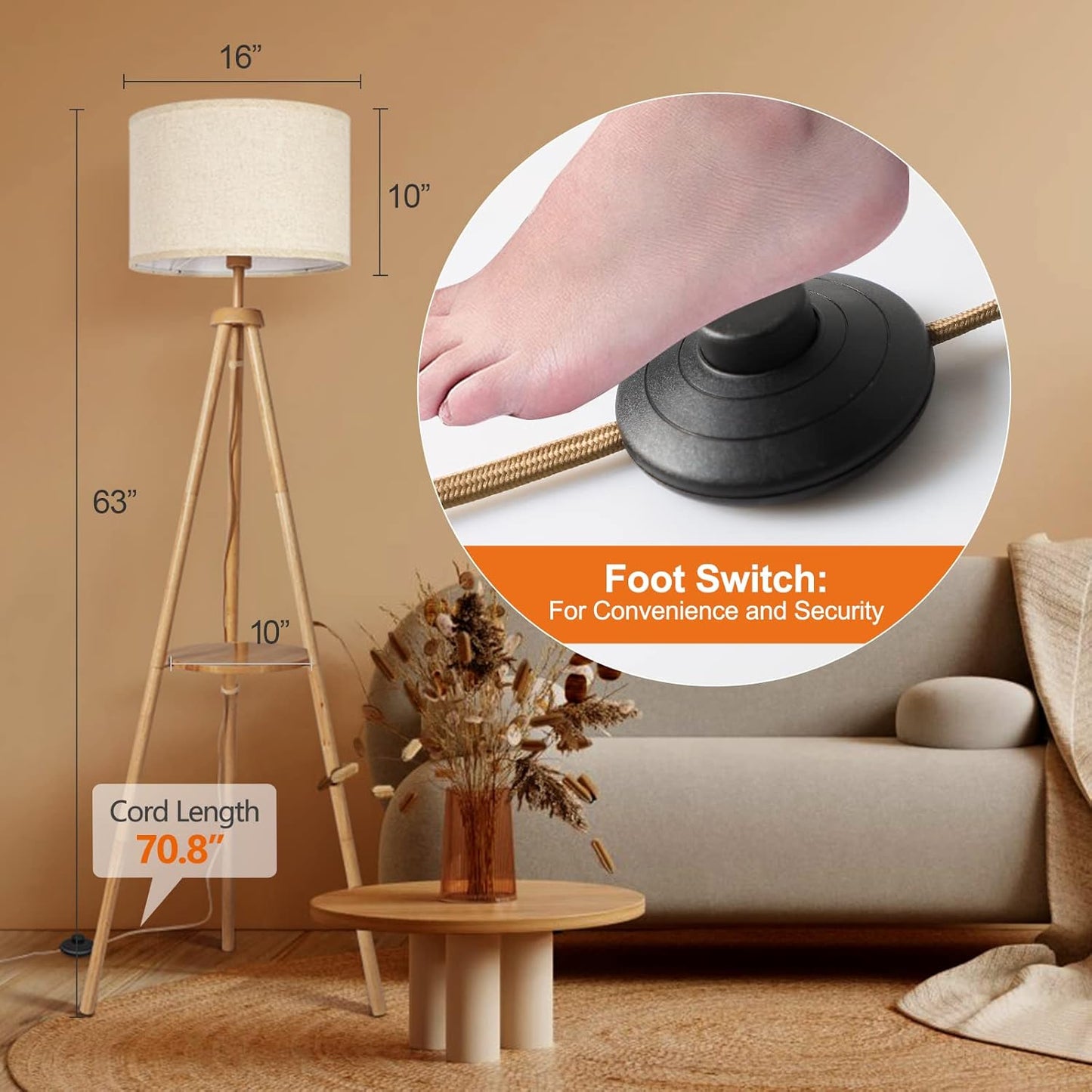 OUTON Wood Tripod Floor Lamp with Shelves, Mid Century Floor Lamp with Remote Control,4 Color Temperature, LED Modern Dimmable Standing Lamp with Beige Linen Shade for Living Room, Bedroom, Office