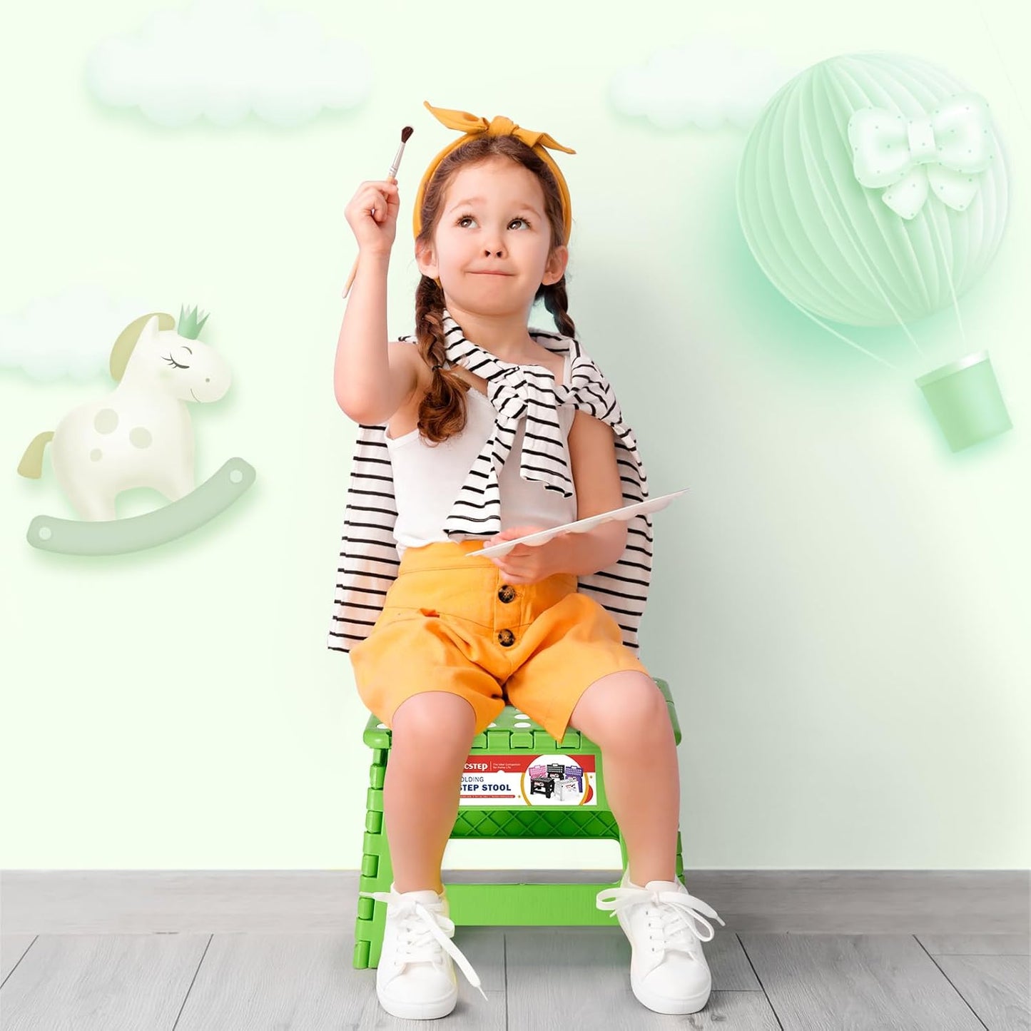 ACSTEP 9 Inch Folding Step Stool 300 LB Capacity Plastic Foldable Step Stools for Kids and Adults, Folding Stool Suitable for Kitchen, Stepping Stool with Handle Green Small Step Stool 1PC