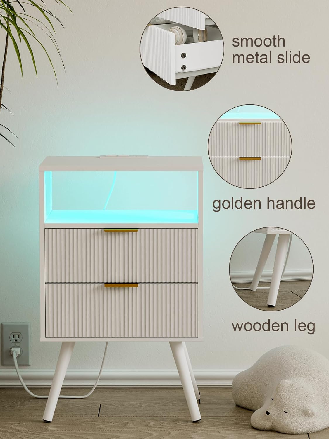 Nightstand, Modern Bedside Table with 2 Storage Drawer and Open Wood Shelf for Bedroom and Small Spaces, Night Stand with Solid Wood Legs (White-Outlet)