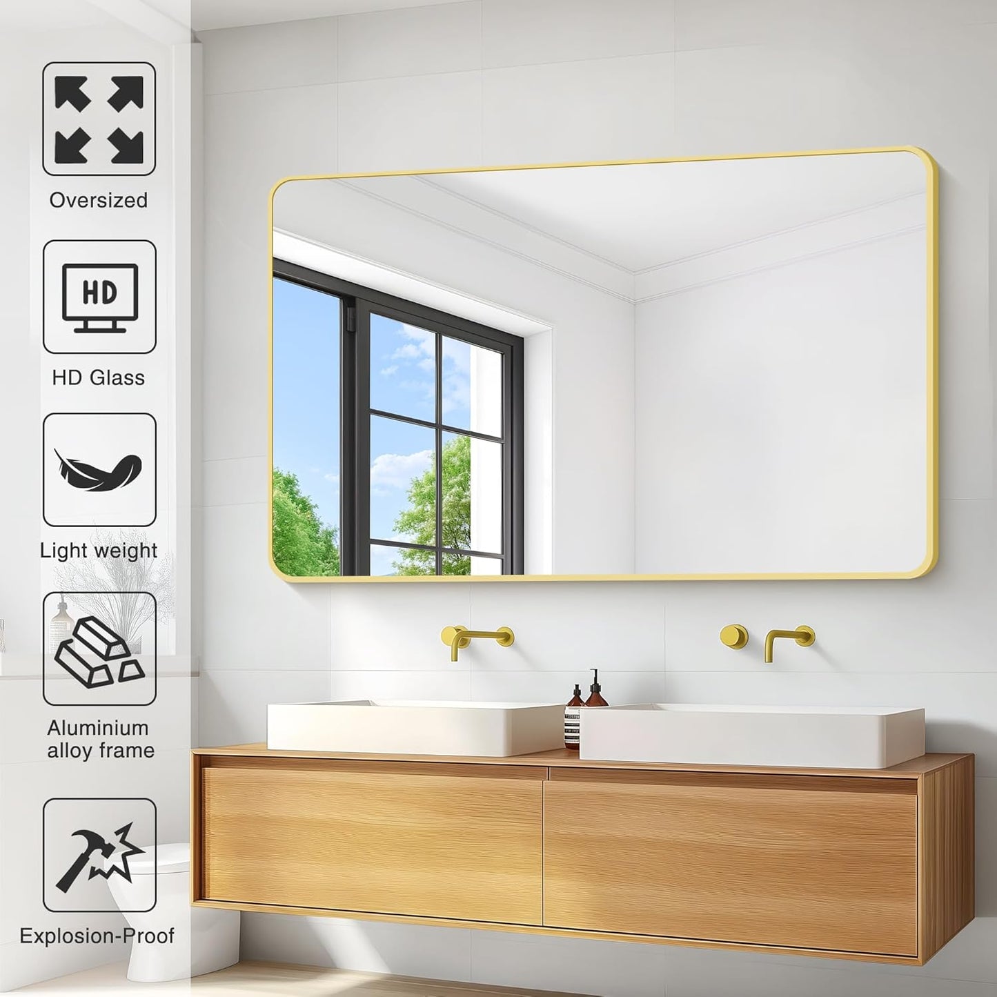 55x36 Inch Gold Bathroom Mirror, Metal Framed Large Rectangle Mirror, Rounded Rectangular Vanity Mirror, Wall Mounted Mirror for Over Sink Living Room Bedroom Entryway Horizontal/Vertical