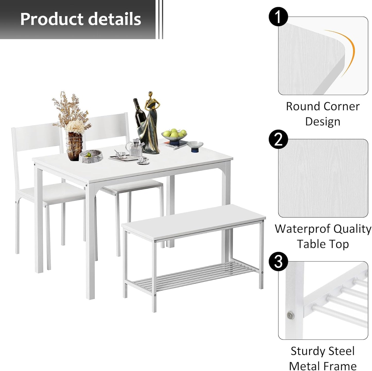 SogesHome 4-Piece Dining Table Set for 4, 43.5'' Space-Saving Kitchen Set with Bench and Chairs, Ideal for Restaurants and Coffee Shops, White