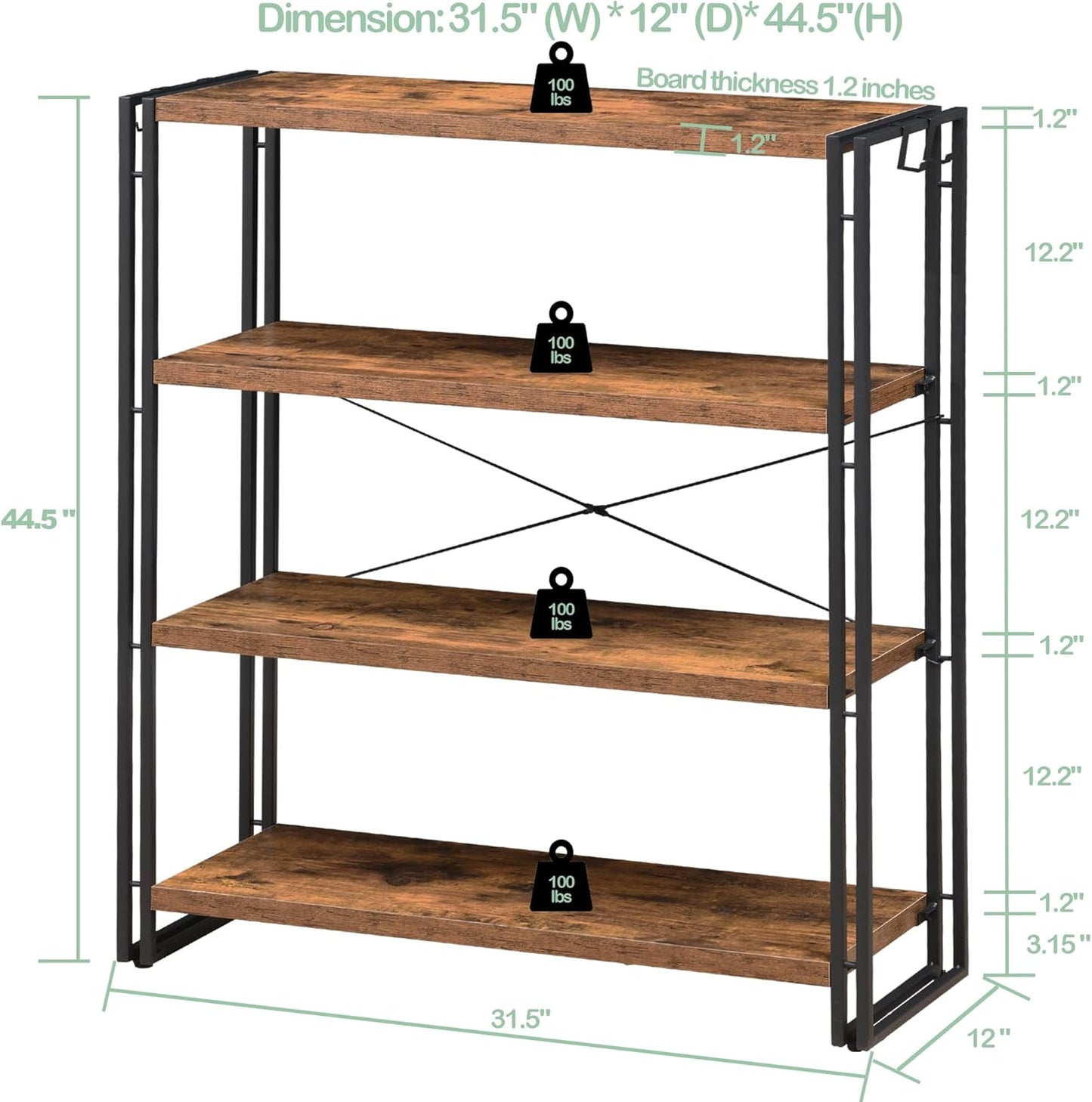 HCHQHS Bookshelf, 4-Tier Industrial Bookcase, Rustic Open Book Shelf, Freestanding Tall Bookshelves with Metal Frame