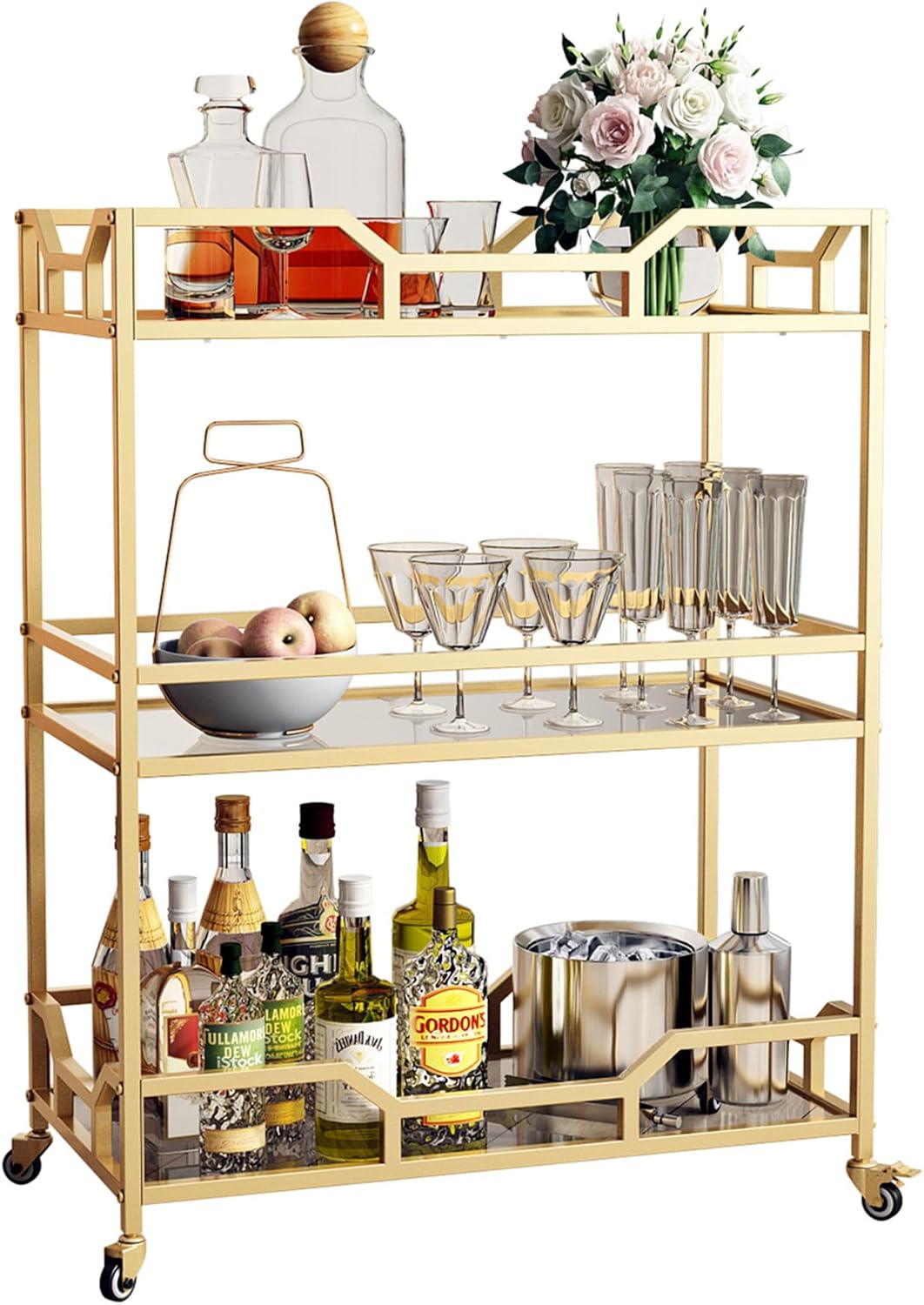 Square Gold Bar Carts with 3 Tier Storage Glass Shelves Holder Home Serving Bar Carts on Wheels for Kitchen, Bar, Dinning Room