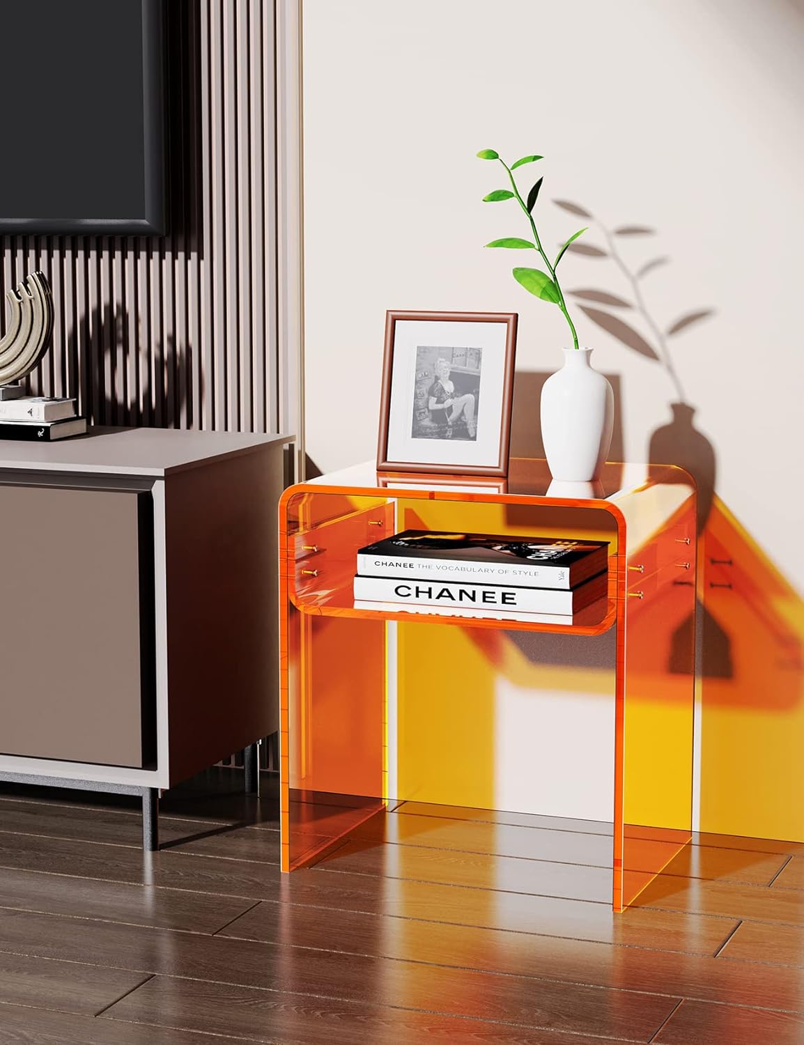 Clear Acrylic End Table 2-Tier Bedside nightstand for Living Room Bedroom Home Decor (Orange)