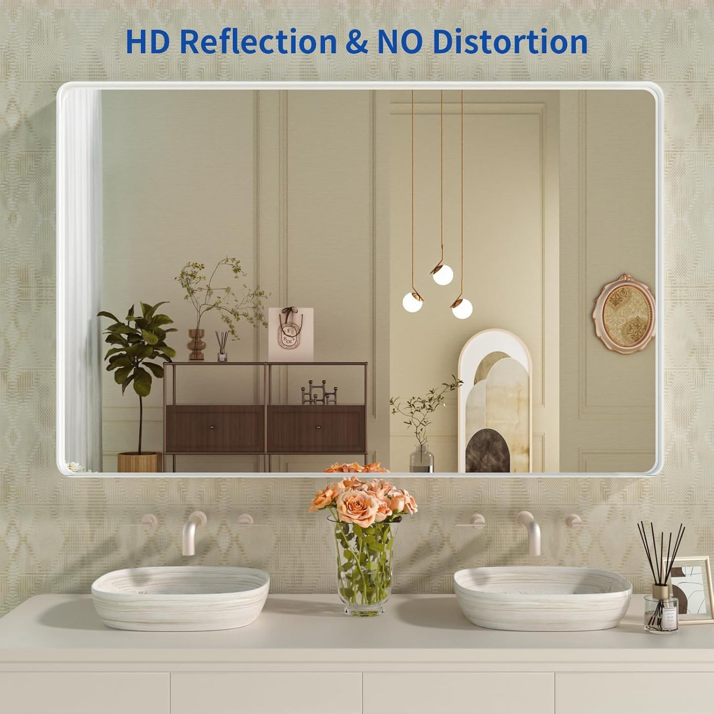 WEER White Bathroom Mirror 55X36 Inch, Rounded Rectangle White Metal Frame Mirror, Matte White Bathroom Vanity Mirror with Tempered Glass, Anti-Rust, Hangs Horizontally or Vertically