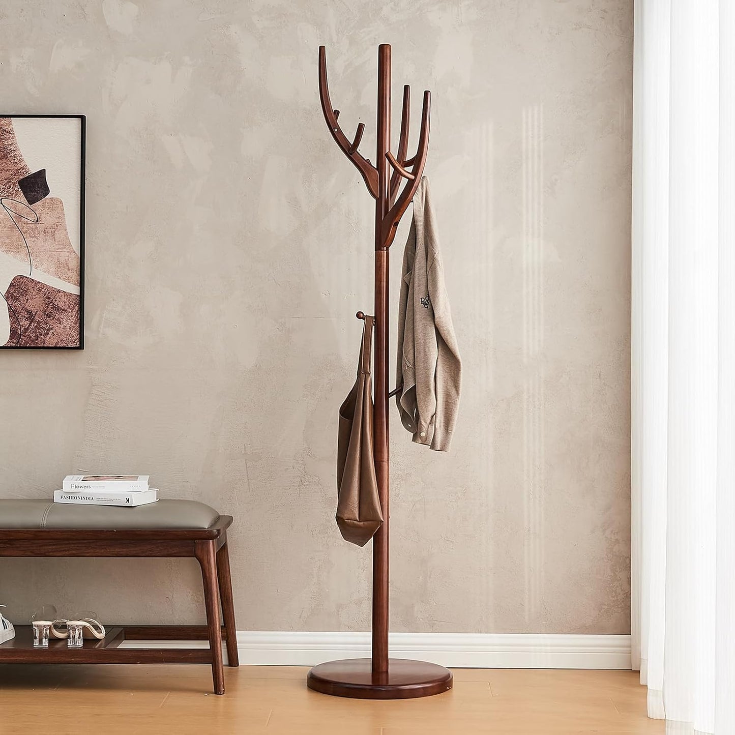 CozyDH Coat Rack Freestanding Solid Wood Coat Rack Stand, Coat Tree Freestanding with 12 Hooks Creative Tree Branch-look for Entryway, Hallway, Bedroom (Walnut)