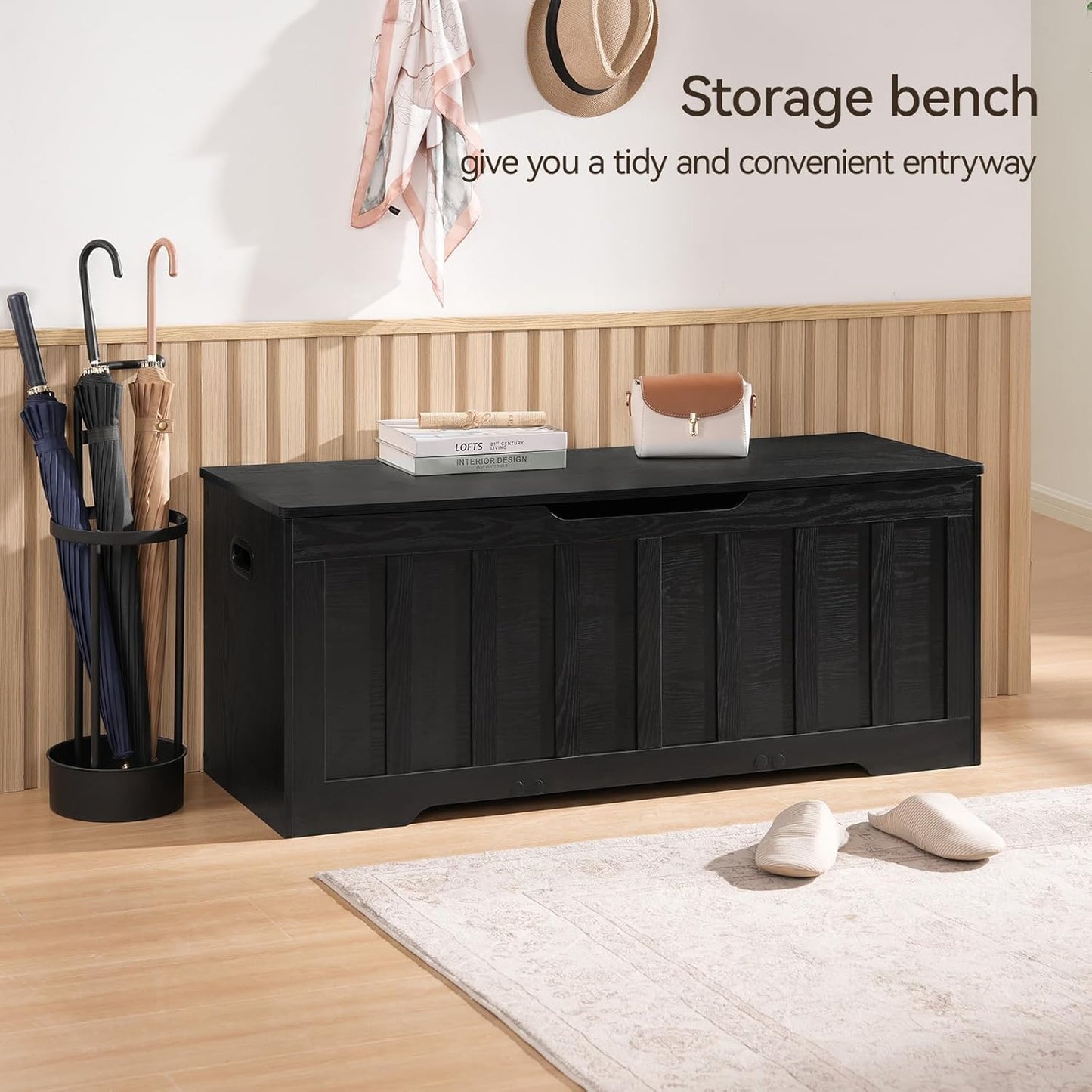 47.2" Storage Chest Extra Large,Storage Trunk with 2 Safety Hinges,Wooden Storage Bench,Shoe Bench,47.2x15.7x19.1 Inch,Easy Assembly,Storage Bench for Bedroom,Living Room,entryway(Black).