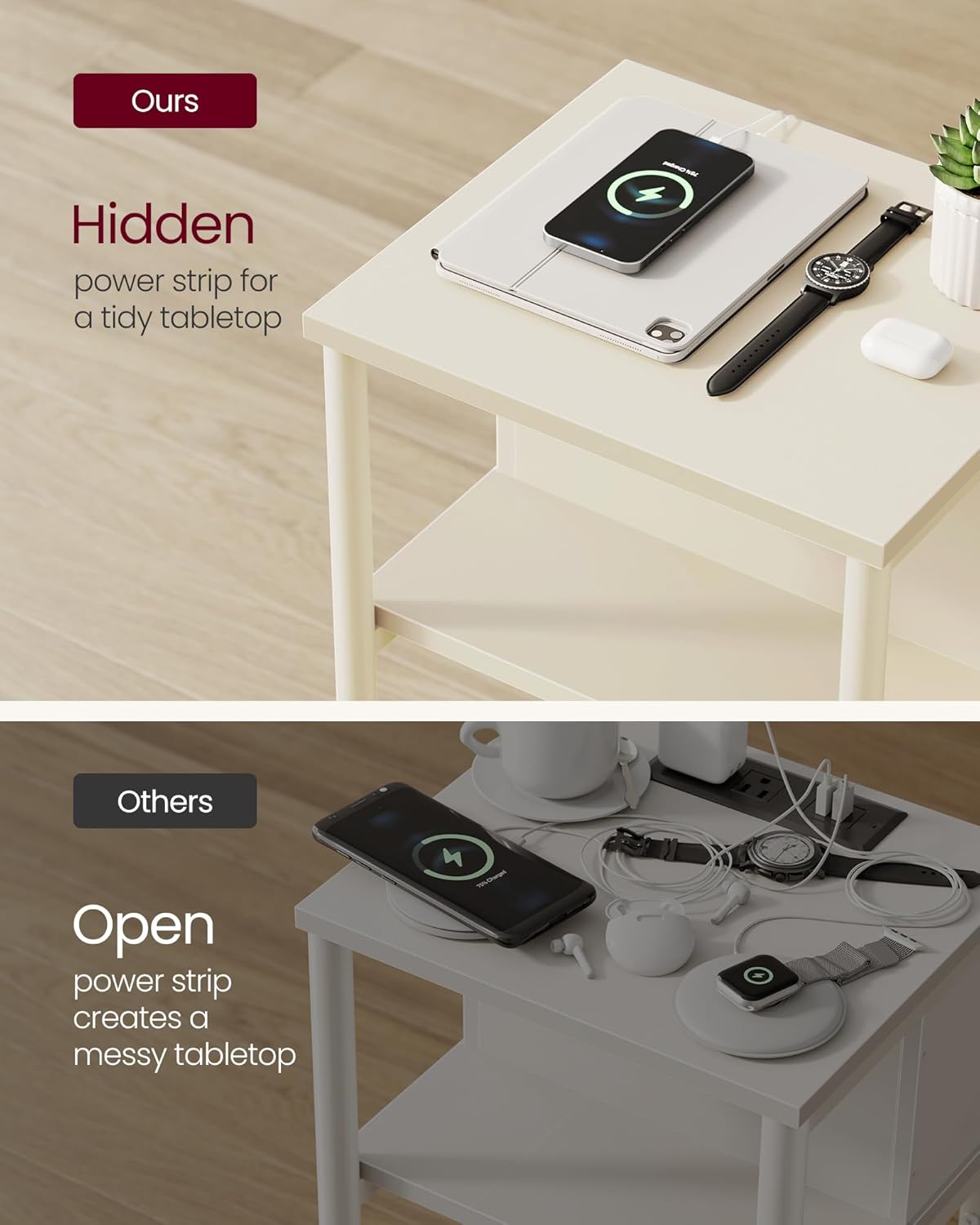 VASAGLE Side Table with Charging Station, 3-Tier End Table with USB Ports and Outlets, Nightstand for Living Room, Bedroom, 11.8 x 13.4 x 22.8 Inches, Plug-in Series, Cream White