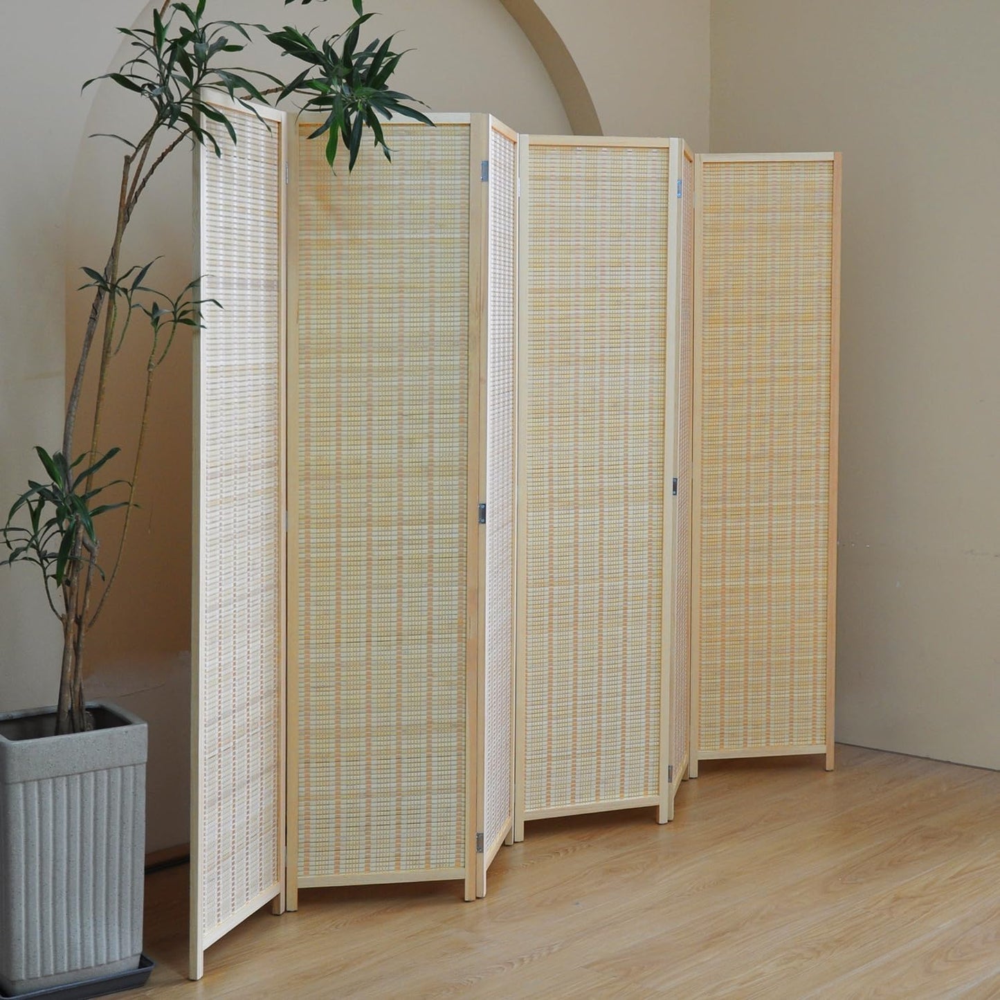 6 Panel Folding Room Divider Screen, Bamboo, for Separation, Beige, 67" H x 92.1" W