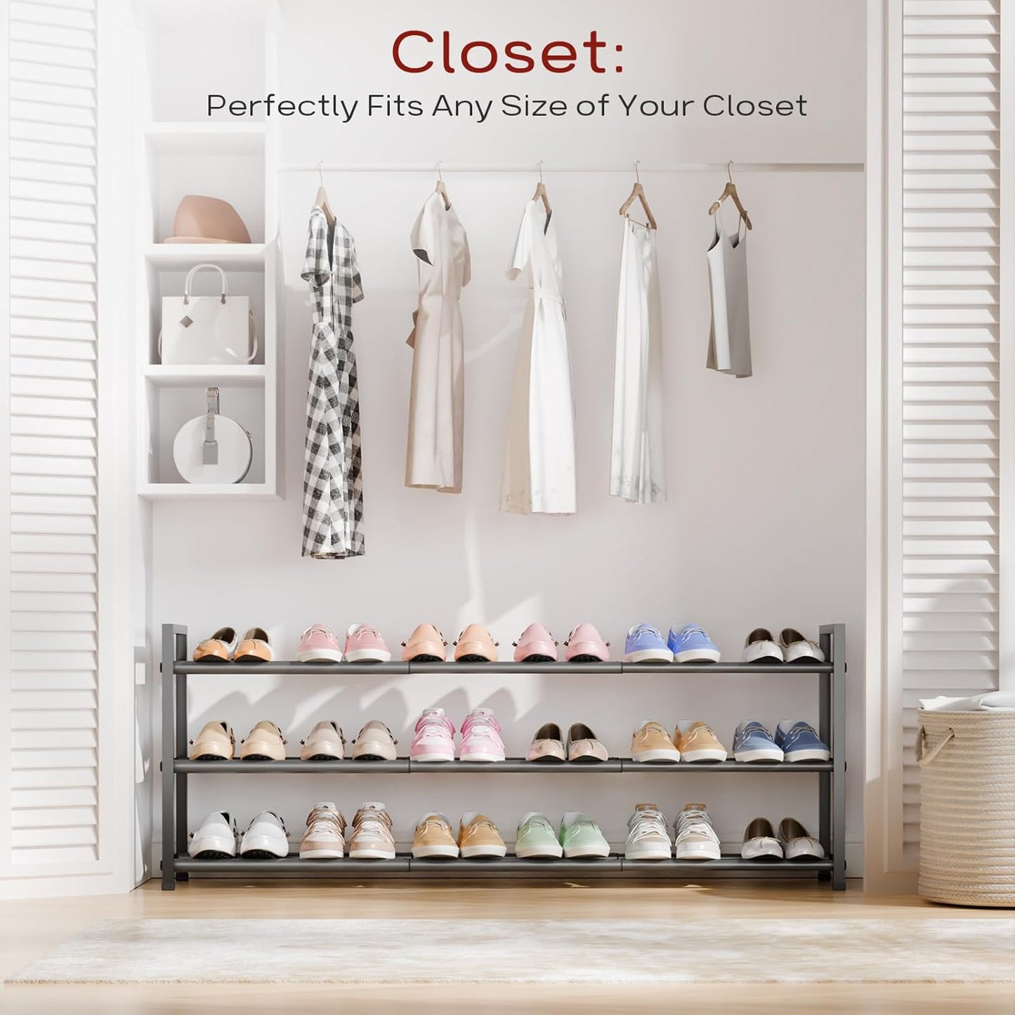 Bumusty 3-Tier Long Expandable Shoe Rack for Closet, 18"-44" Adjustable Shoe Rack for Entryway, 15-18 Pairs Large Shoe Organizer Shelf Storage, Sturdy Metal, Grey