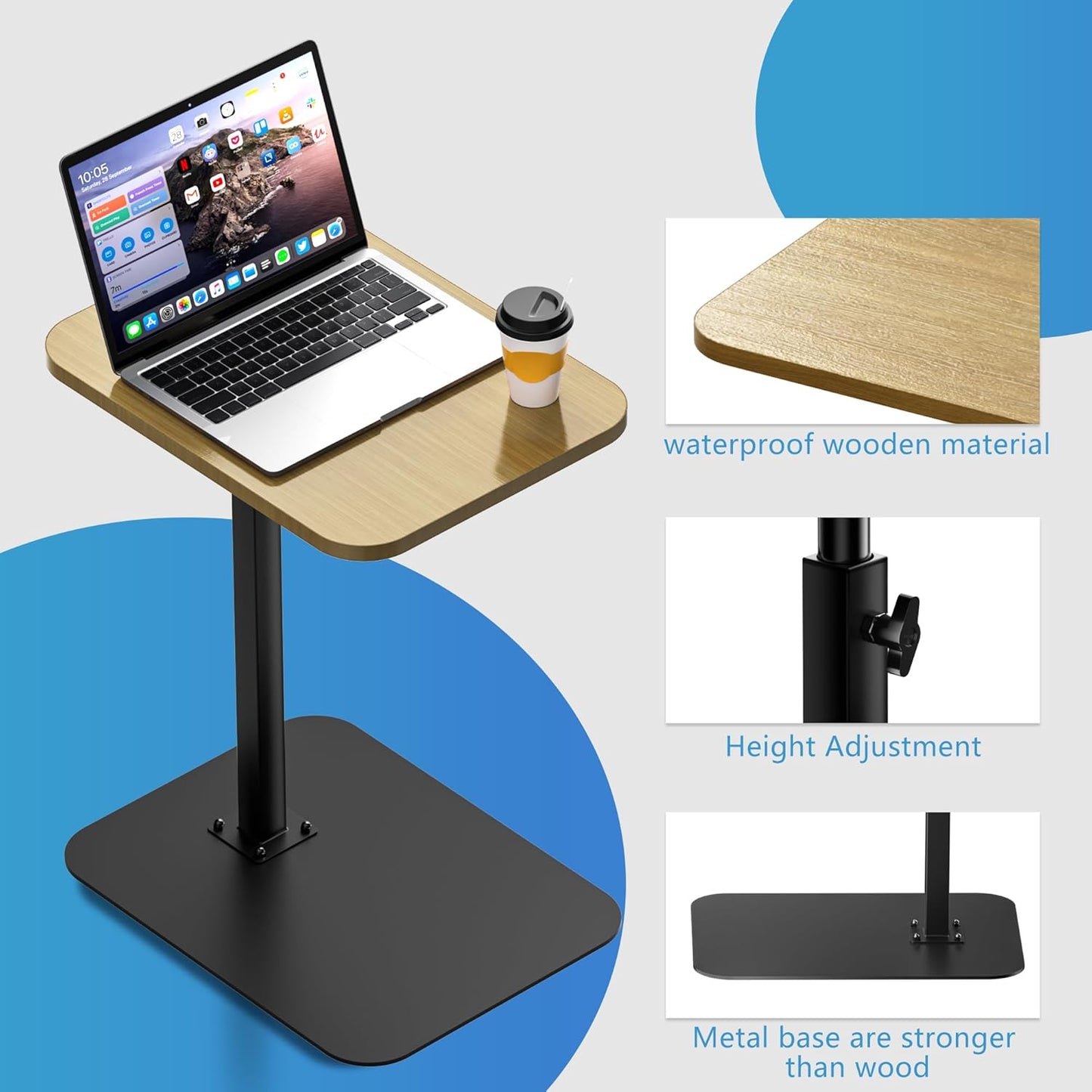 Side Table Sofa Tray for Couch Heavy Metal Base Swivel/Adjustable Height, Sofa Bed Bathroom Study TV Tray C Shaped End Table Food Snack Trays for Eating