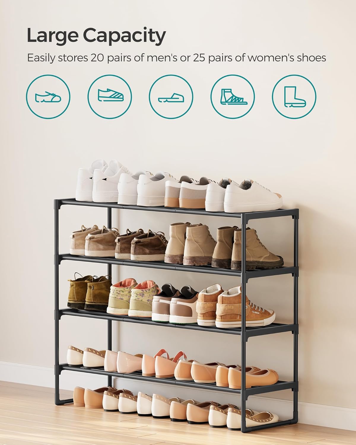 SONGMICS Shoe Rack, 4-Tier Shoe Organizer, Metal Storage Shelf, Upright or Upside Down, for 20-25 Pairs, Stackable, for Entryway, 11.8 x 36.2 x 29.5 Inches, Black ULSA14BK