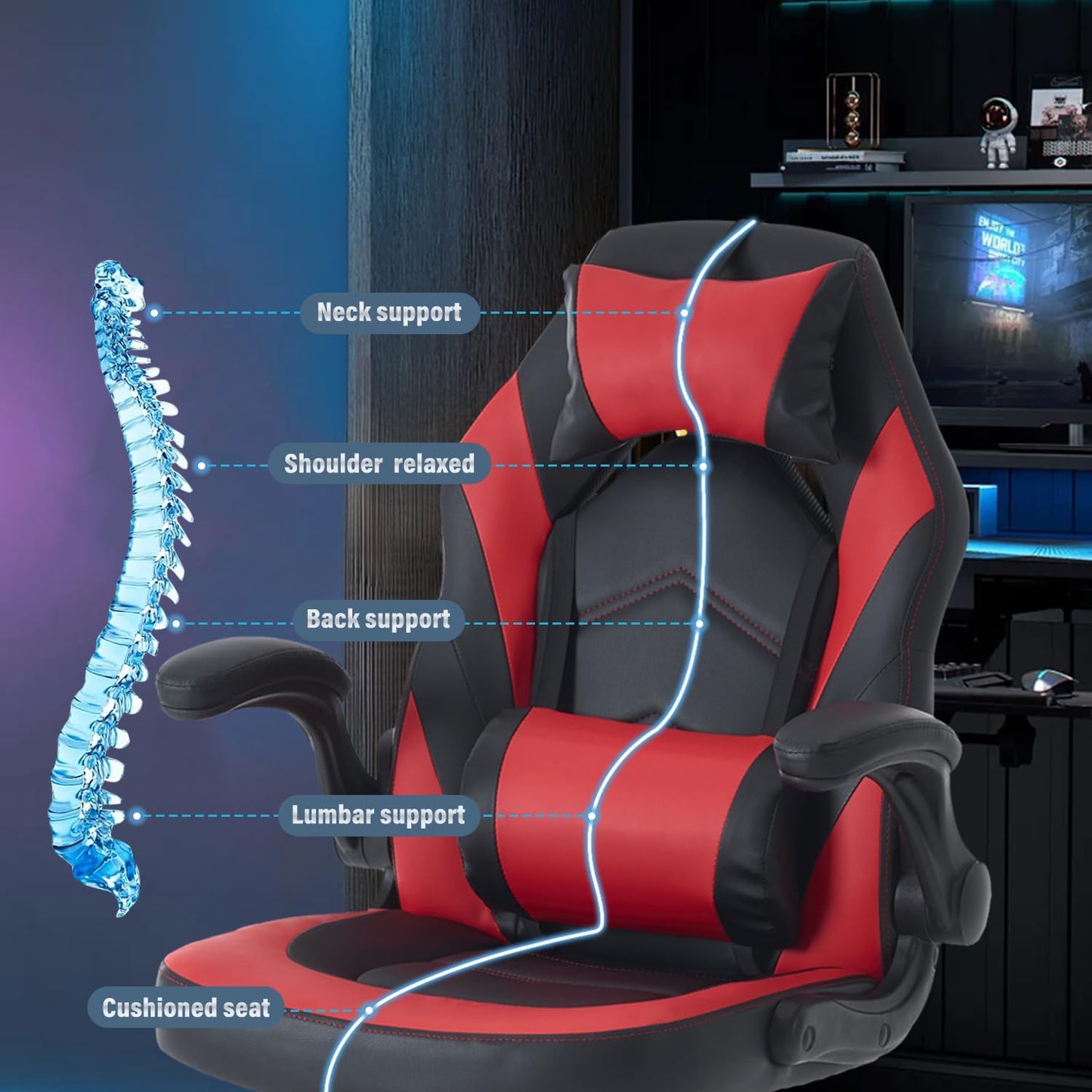 OLIXIS Computer Gaming Desk Chair - Ergonomic Video Game with Comfy Lumbar Support and headrest, PU Leather with Flip-up Arms, Adjustable Height and Swivel Wheels, for Adults, Red