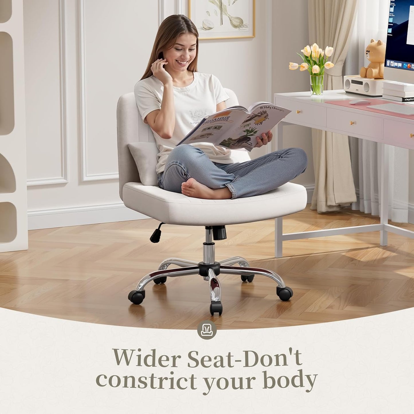 Warmiehomy Criss Cross Office Chair with Wheels, Velvet Cross-Legged Desk Chairs for Home, Height Adjustable Swivel Wide Seat Computer Chair, Modern Armless Vanity Chair for Girls Women, White