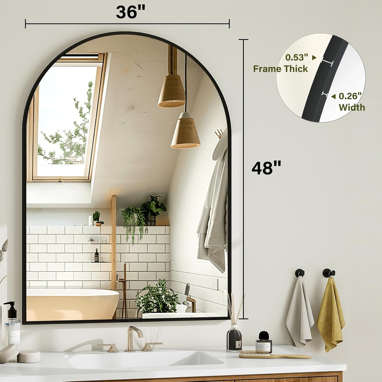 Arch Bathroom Mirror, 36x48 Inch - Wall Mounted Vanity Mirror with Aluminum Alloy Frame - Ideal for Living Room, Bedroom, Bathroom, and Entryway, Hanging or Leaning, Black
