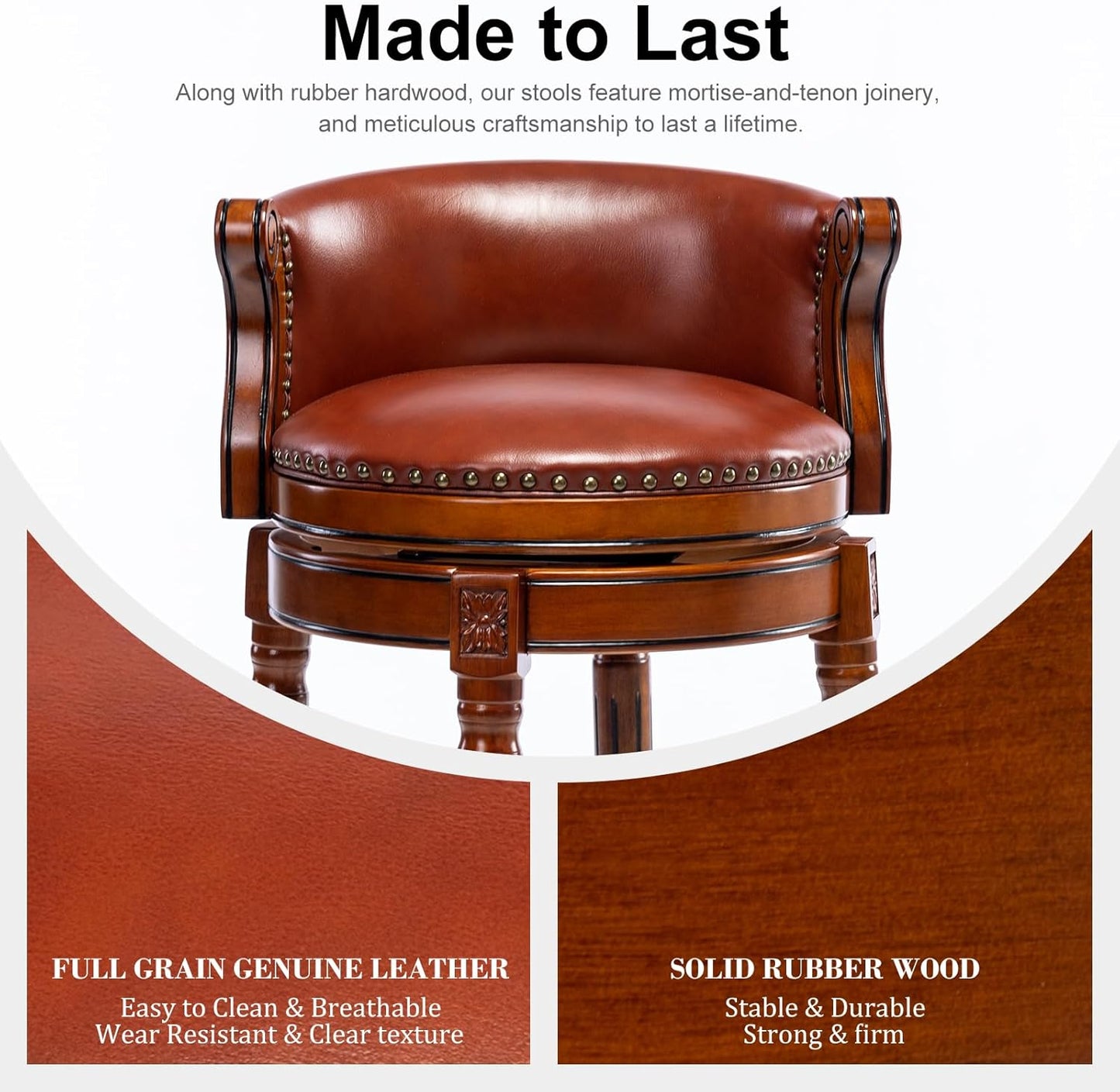 CozyRain Bar Stools Rubber Wood Counter Height Bar Stool Leather Upholstered Swivel Barstools with Back & Footrest for Home,Kitchen,Counter,Dining Room (Brown, Seat Height 26 in)