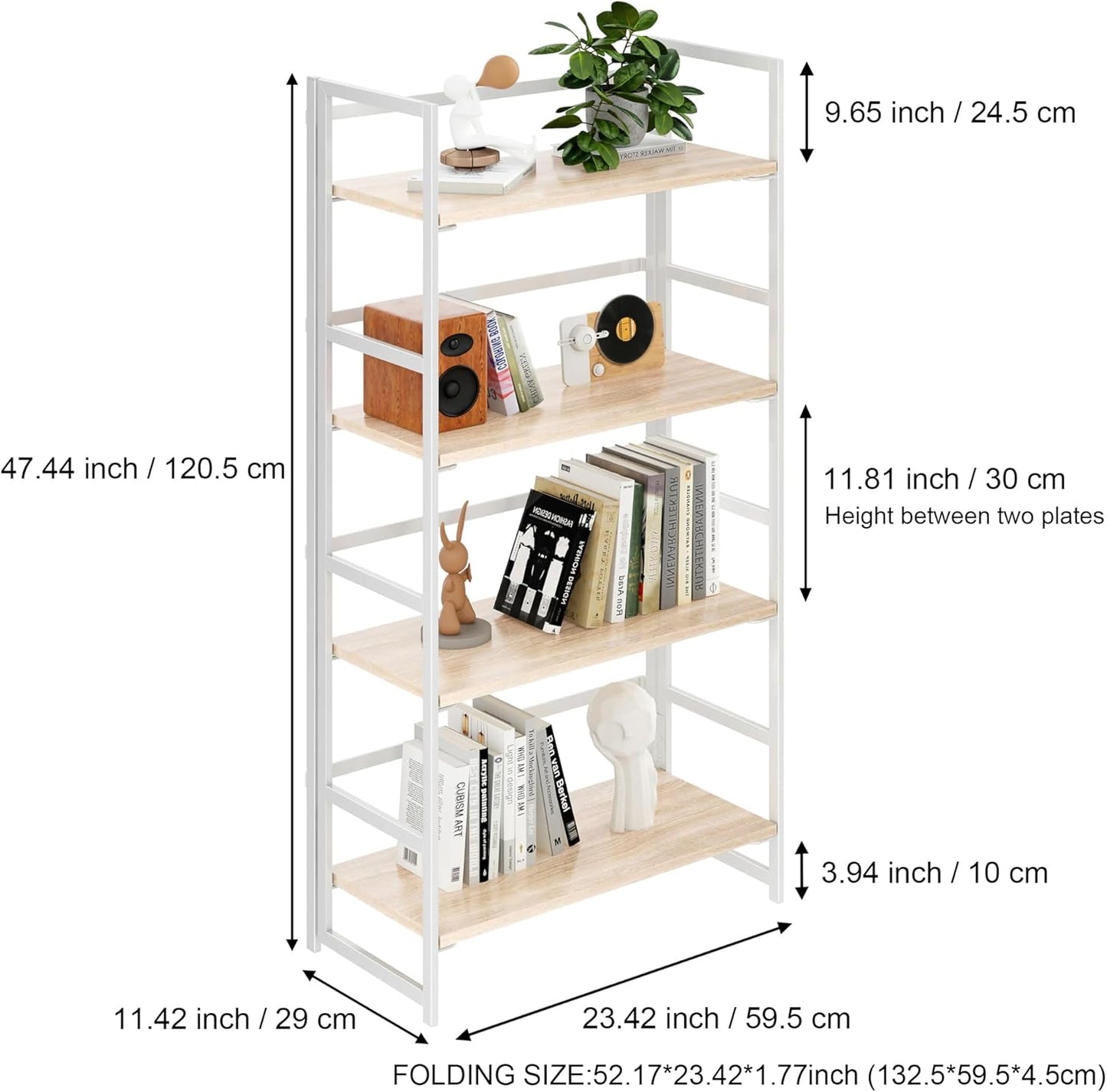 BHG Vintage Multifunctional Folding Bookshelf, No-Assembly Plant Stand Storage Rack Shelves for Home Office (White, 4-Tier)