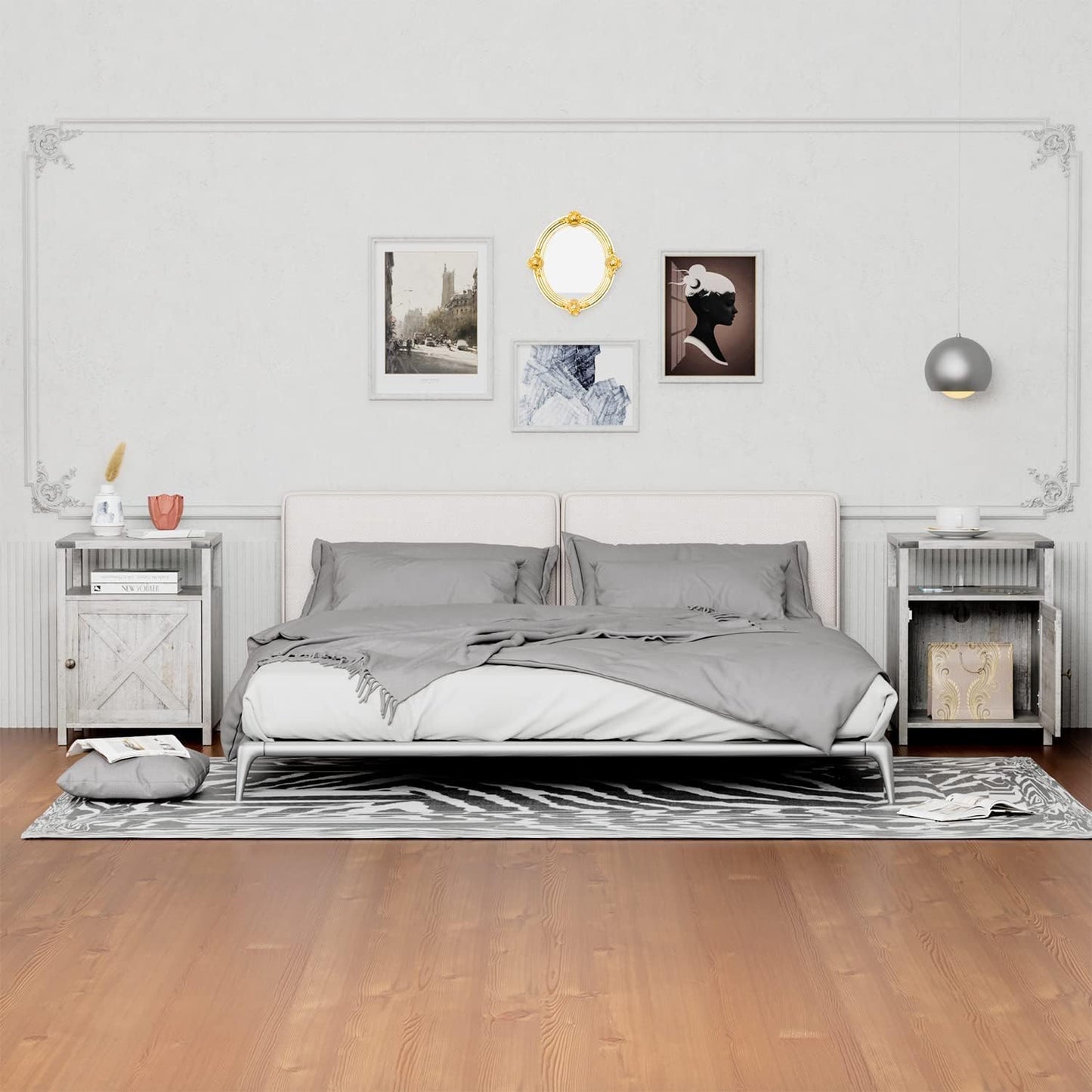 Farmhouse Nightstand Set of 2, Rustic End Table with Storage, Bedroom Night Stand, Industrial Bedside Table with USB Ports and Outlets, 17.7 x 17.7 x 23.6 inches, Grey