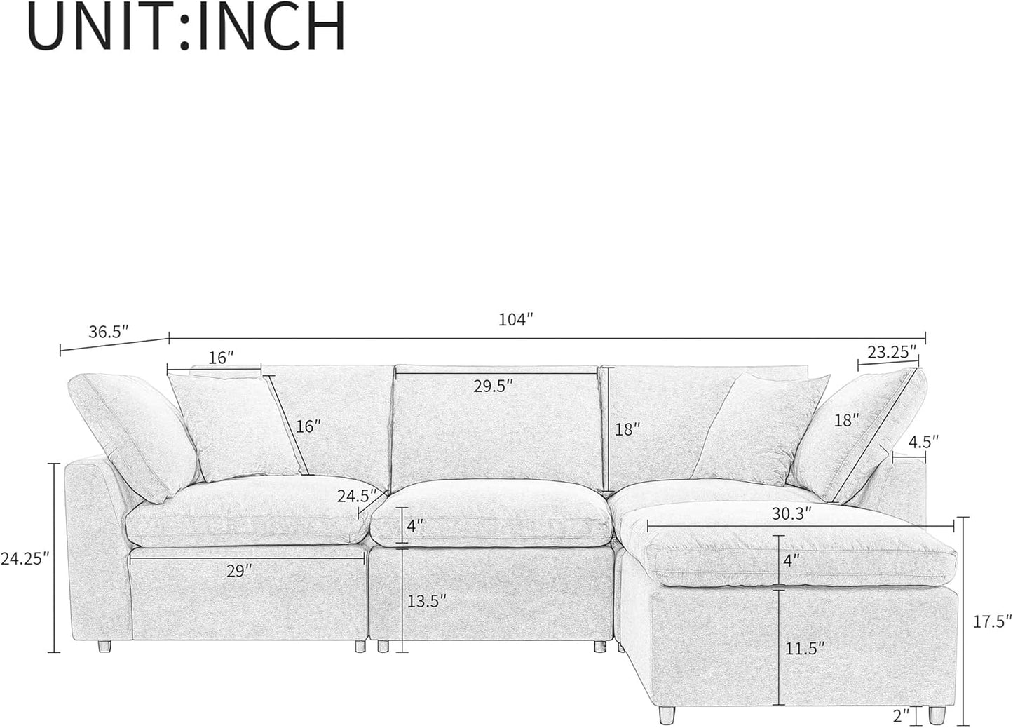 104.3 Inch L-Shaped Modular Sectional Sofa with Reversible Chaise and Pillows, Down Filled Upholstered Convertible Corner Couch for Living Room, Bedroom, Office, Apartment, Light Gray