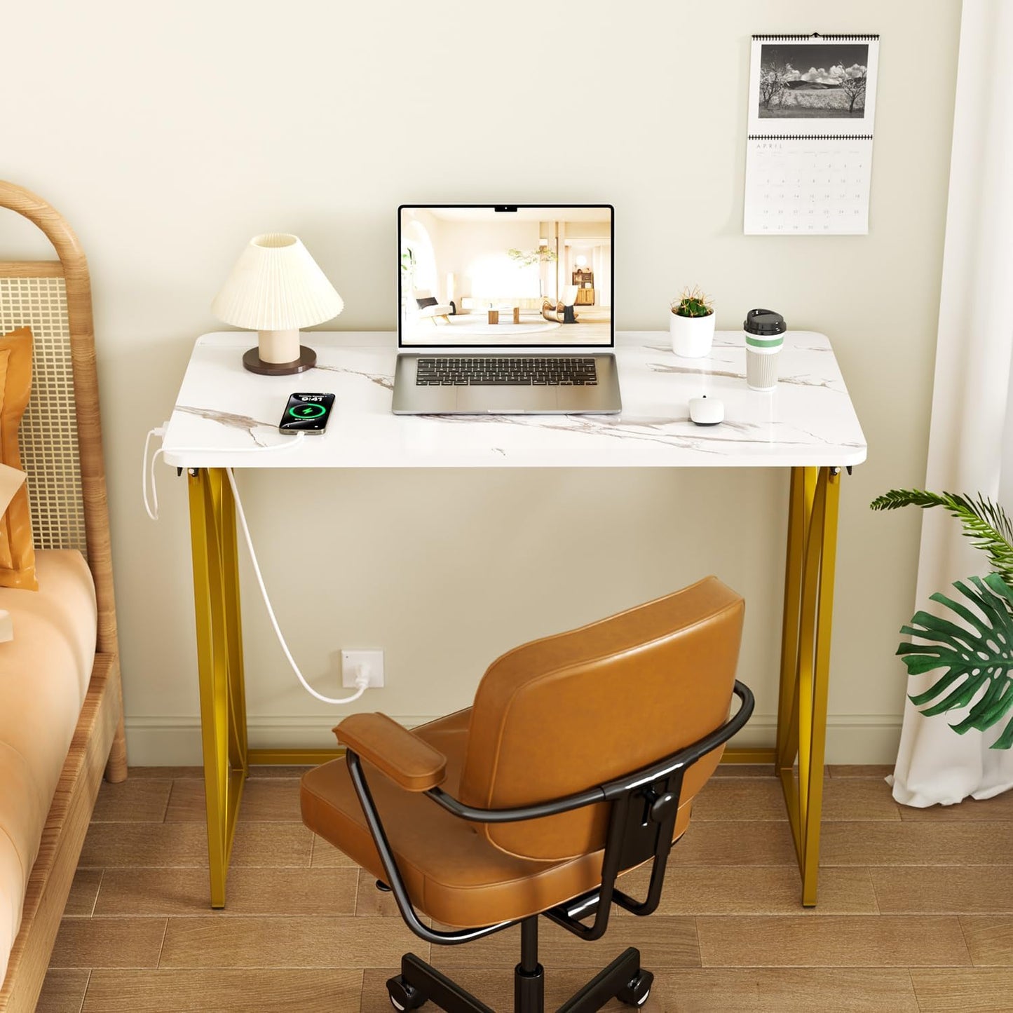 Folding Desk, 31.5" Small Desk for Bedroom with Power Outlet, Space Saving Foldable Computer Desk for Home Office, Easy Assembly, White and Gold
