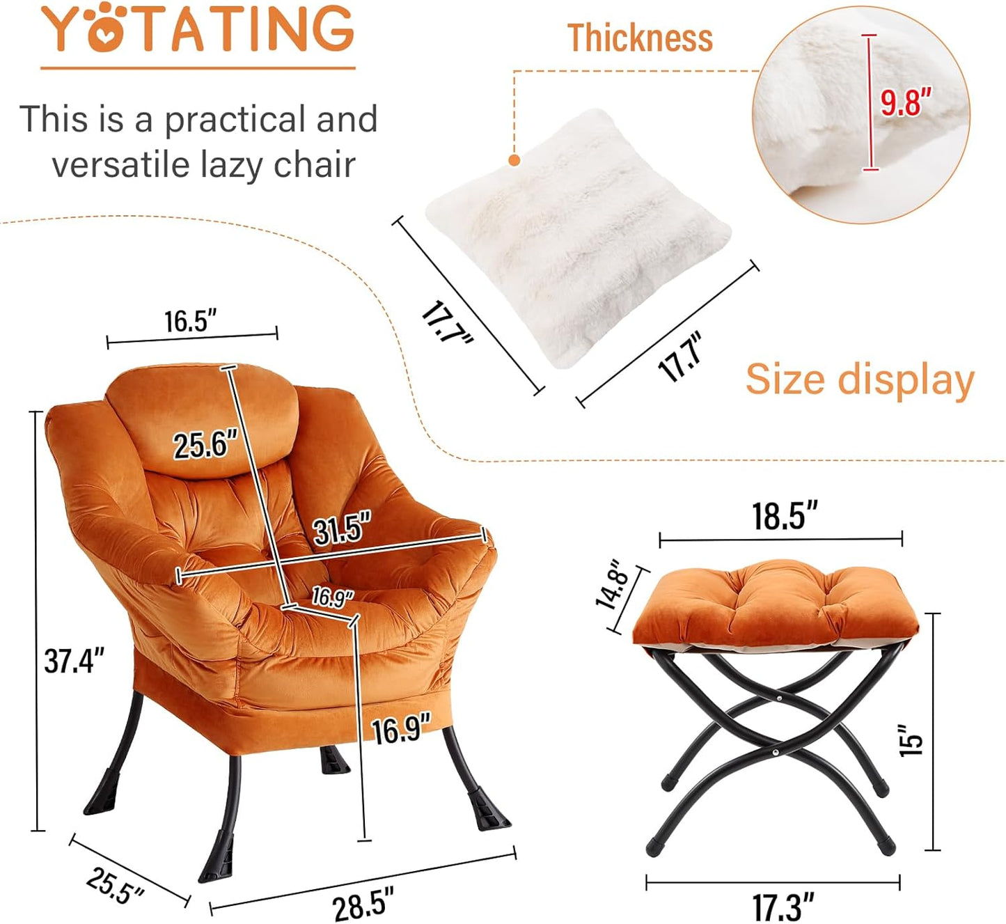 Lazy Chair with Ottoman, Comfy Reading Chair with Footstool & Throw Pillow Modern Lounge Accent Chair with Armrests & Side Pocket for Living Room, Bedroom, Dorm Room, Office