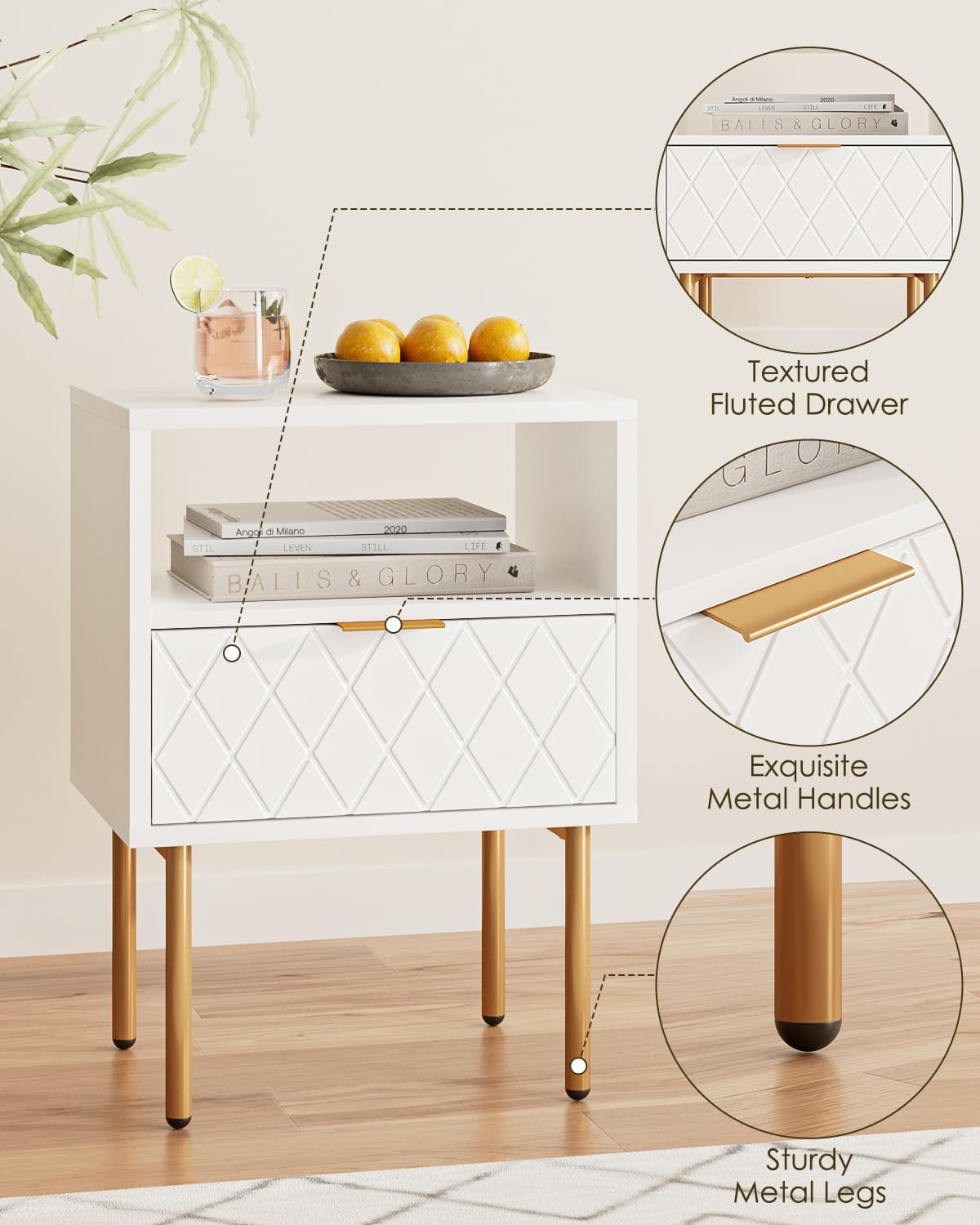 Nightstand,Morden Bedside Table with Gold Frame,Small White Night Stand,End Table,Bedside Furniture,Side Table with Drawer and Shelf for Bedroom,Living Room (1Drawer, White-Square)