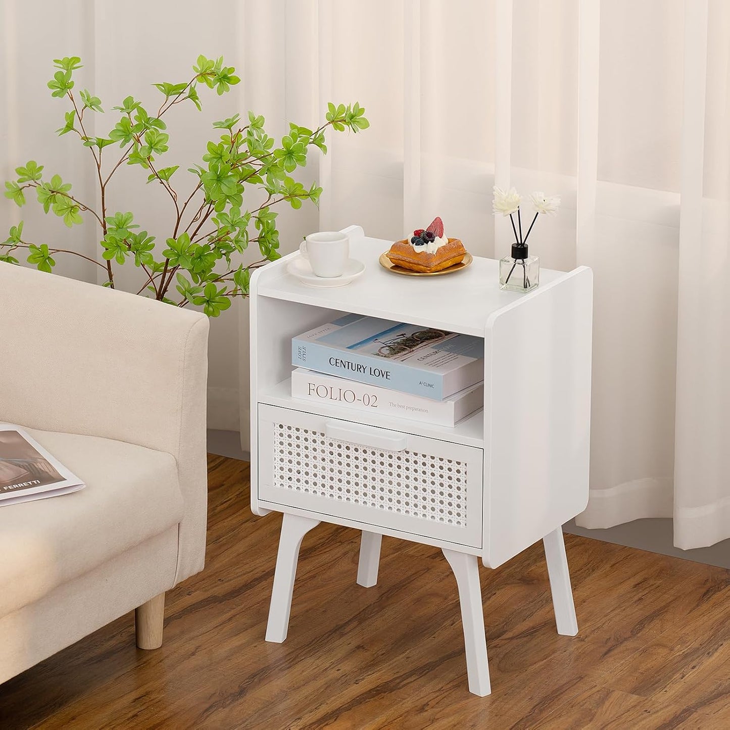 Lerliuo Rattan Nightstand, Side Table with Drawer Open Shelf, Cane Accent Bedside End Table with Solid Wood Legs, Mid Century Modern Night Stand for Bedroom, Dorm and Small Spaces (White)