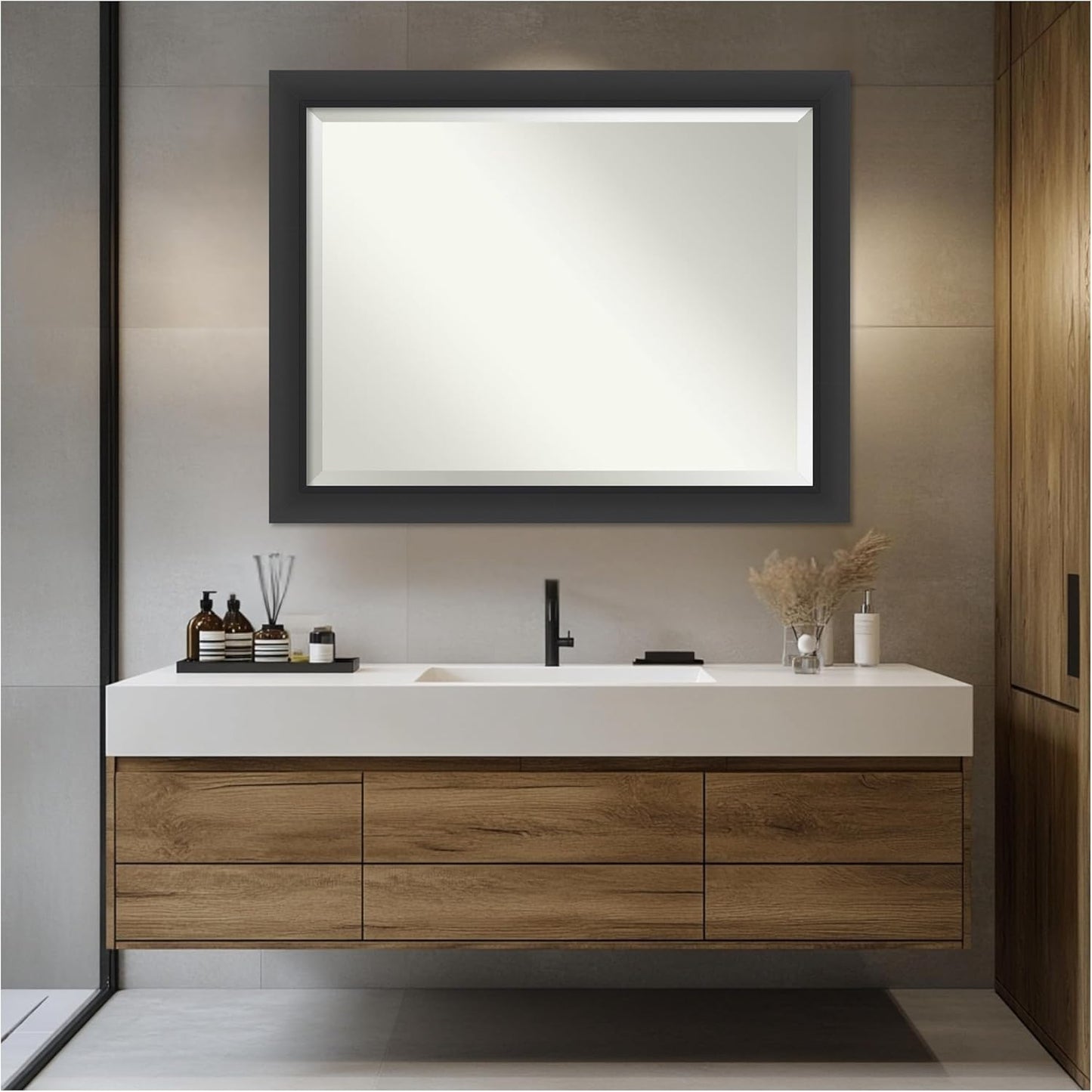 Amanti Art Black Bathroom Mirror for Over Sink, 36x46 Sloped Black Rectangle Vanity Mirror, X-Large Modern Contemporary Frame, Hangs Horizonally and Vertically, Bathroom Wall Decor, Beveled Edge