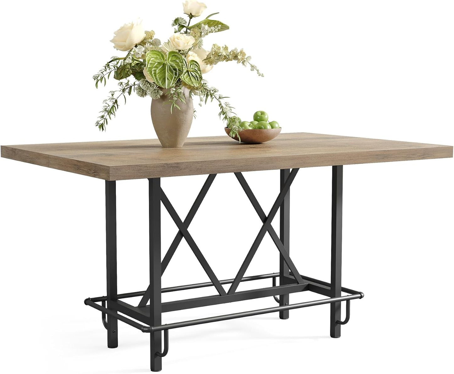 LITTLE TREE 63-Inch Industrial Bar Table with Metal Footrest, Counter Height Pub Table for Kitchen, Home Bar & Entertaining (Rustic Gray)